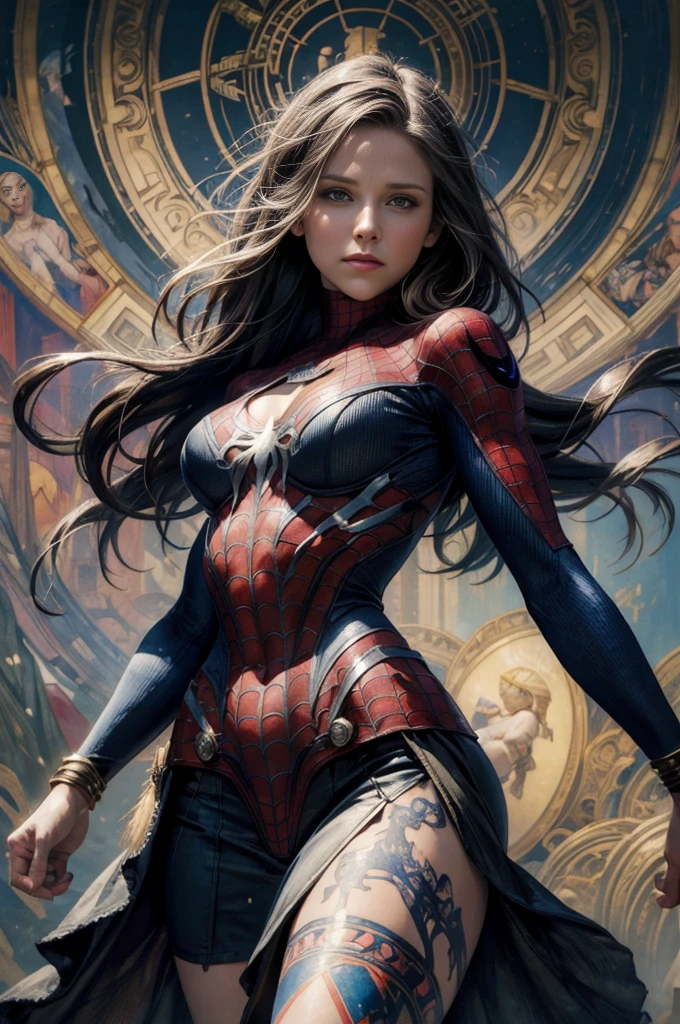 Kristen Bell、Sticking out the navel、newyork、She wears a torn Spider-Man suit,wearing a skirt、abstract photorealistic、artistic、Alphonse Mucha's painting(masterpiece、highest quality、High resolution:1.4)、detailed、複雑なdetailed、In 4K、color splash、line drawing、fibonacci、
