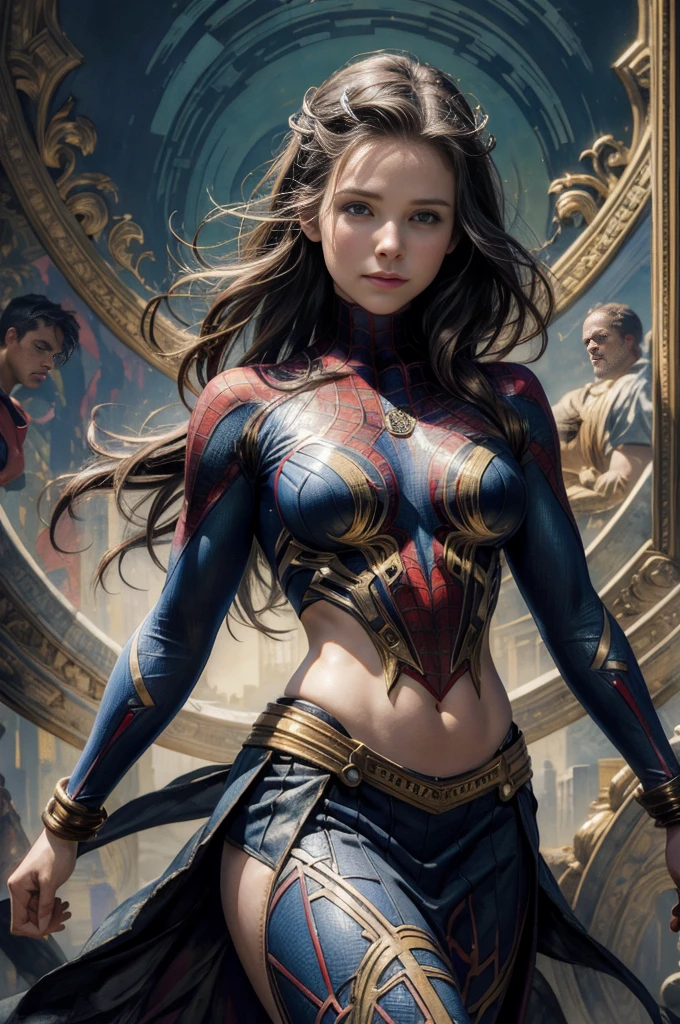 Kristen Bell、Sticking out the navel、newyork、She wears a torn Spider-Man suit,wearing a skirt、abstract photorealistic、artistic、Alphonse Mucha's painting(masterpiece、highest quality、High resolution:1.4)、detailed、複雑なdetailed、In 4K、color splash、line drawing、fibonacci、