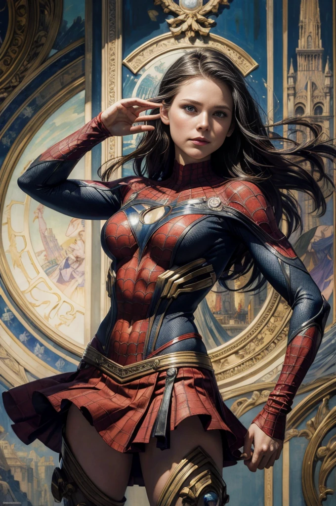 Kristen Bell、Sticking out the navel、newyork、She wears a torn Spider-Man suit,wearing a skirt、abstract photorealistic、artistic、Alphonse Mucha's painting(masterpiece、highest quality、High resolution:1.4)、detailed、複雑なdetailed、In 4K、color splash、line drawing、fibonacci、