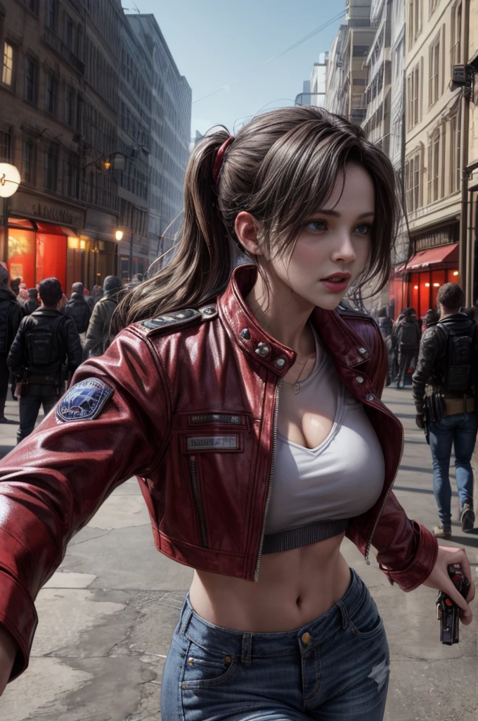 Realistic photo of a very beautiful and captivating Claire Redfield from Resident Evil 2. Beautiful face. Medium length straight black hair. Ponytailed hair. Beautiful body. Big breasted. Wearing an opened red leather jacket. Blue jeans pants.  Holding an automatic handgun. Walking on the dark street. At night. Zombie apocalypse. Ruined city. 
Cinematic lightings. Volumetric lightings:1.4,masterpiece:1.3, realistic photo:1.3, 16K. RTX on. Cinematic scene. Horror ambience.
