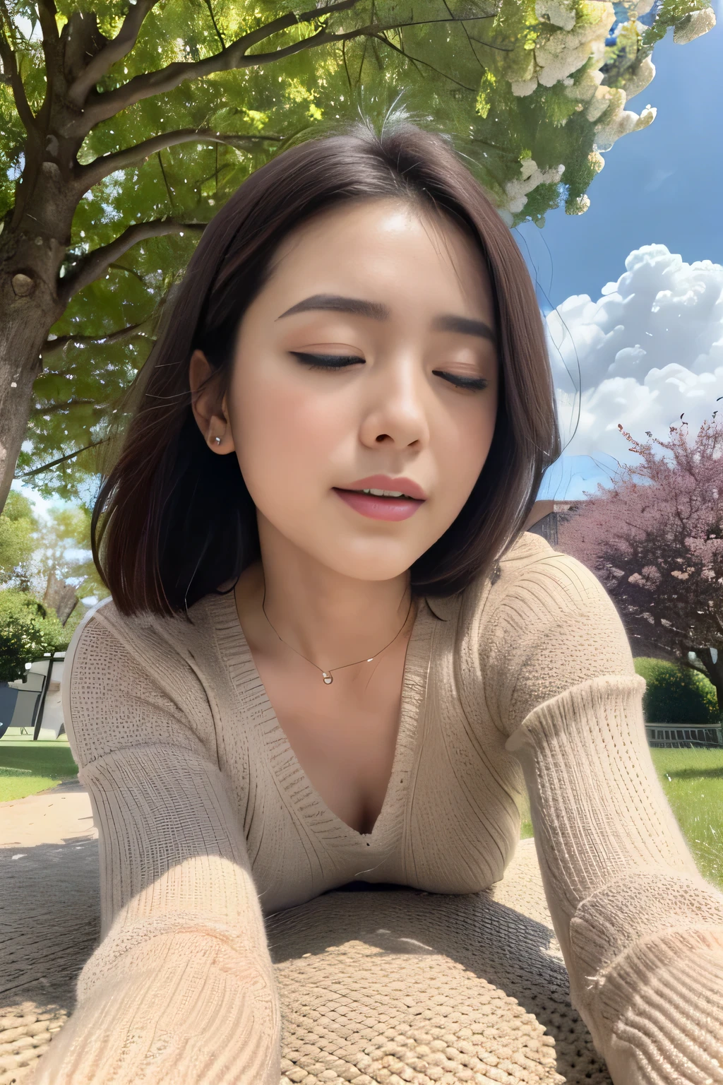 (((best image quality、highest quality、At 32K、ticker、RAW photo、very clear image、very clear image quality、realistic))),Scenery of falling cherry blossoms,Beautiful 20s shoulder length sweater,lace pantyhose, Up and down, random color,long sweater,climax、climax、my pussy feels good、RAW photo with both close your eyes, cute face、body、Esbian、1 camisole、look up、plus size model、Feeling ecstasy、close your eyes、Deep sorrow、sad、Please look up at the sky、open your mouth、scream、 written boundary depth,real light,ray tracing,OC renderer,UE5 renderer,super photographic,highest quality,In 8K,works of masters,correct anatomy、sit、I feel very、Ahegao、feel ecstasy、excited face、((Sleep on the ground、lie on the ground on your back、lie、lie on your back1.4、angle from below))