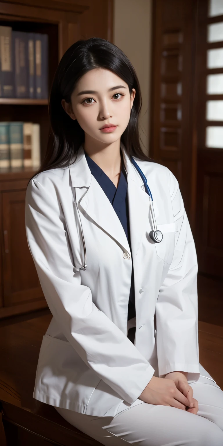 1girl,huge breast, black hair, brown eyes,high quality, ultra detailed, masterpiece, realistic, doctor clothes, sitting