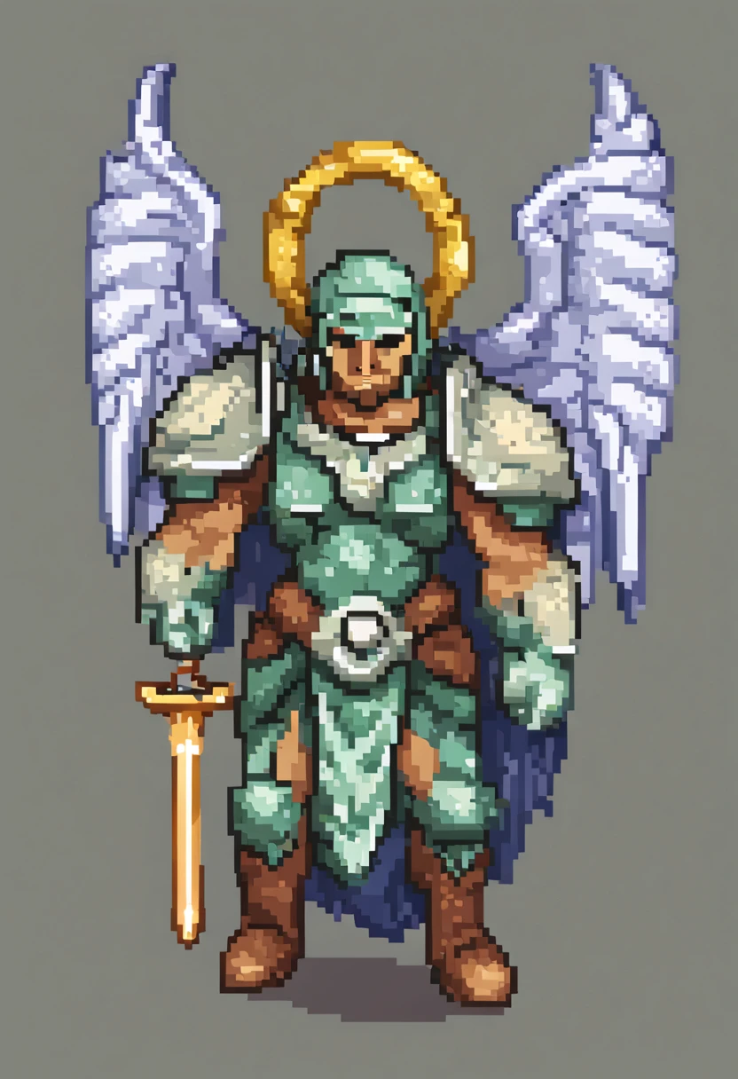 retrato en pixel art de un guerrero celestial con alas doradas, una armadura cubierta de minerales y un halo sobre su cabeza y espada