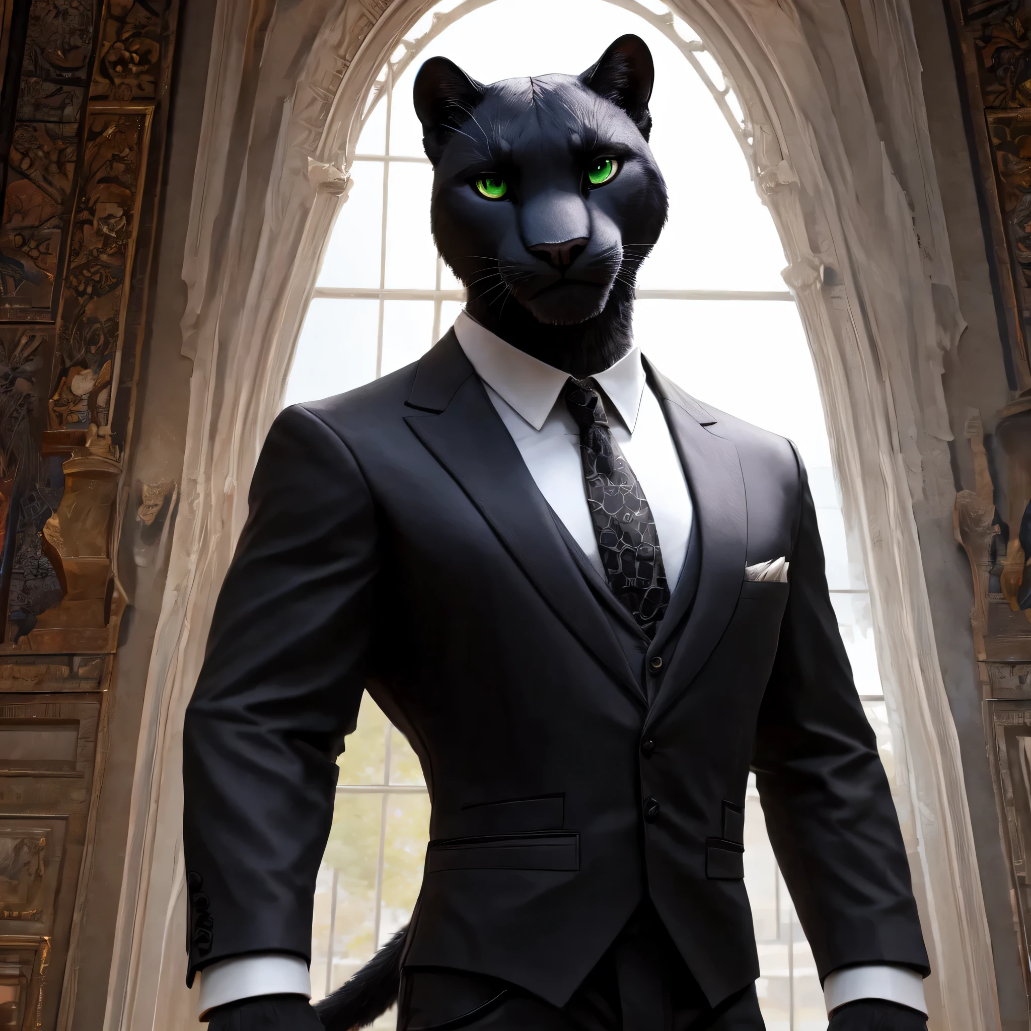 3D render, male, solo, panther, full body, toned, Delicate face, Delicate eyes, realistic, masterpiece, highest quality, lens flare, unreal engine, trending on ArtStation, Intricate, High Detail, dramatic, realism, realistic, standing, furry, day, looking_at_viewer, detailed eyes, detailed body, detailed face, bright room, expressive, masculine, devilish smirk) 8k HD, hdr, masterpiece, full body, detailed eyes, green eyes, black fur, custom-tailored suits in various shades of black, gray, and deep crimson. His suits are expertly tailored to fit his muscular frame, accentuating his broad shoulders and trim waist. He has a penchant for fashionable accessories, such as silk ties, pocket squares, and shiny cufflinks, which add a touch of sophistication to his overall look. black body