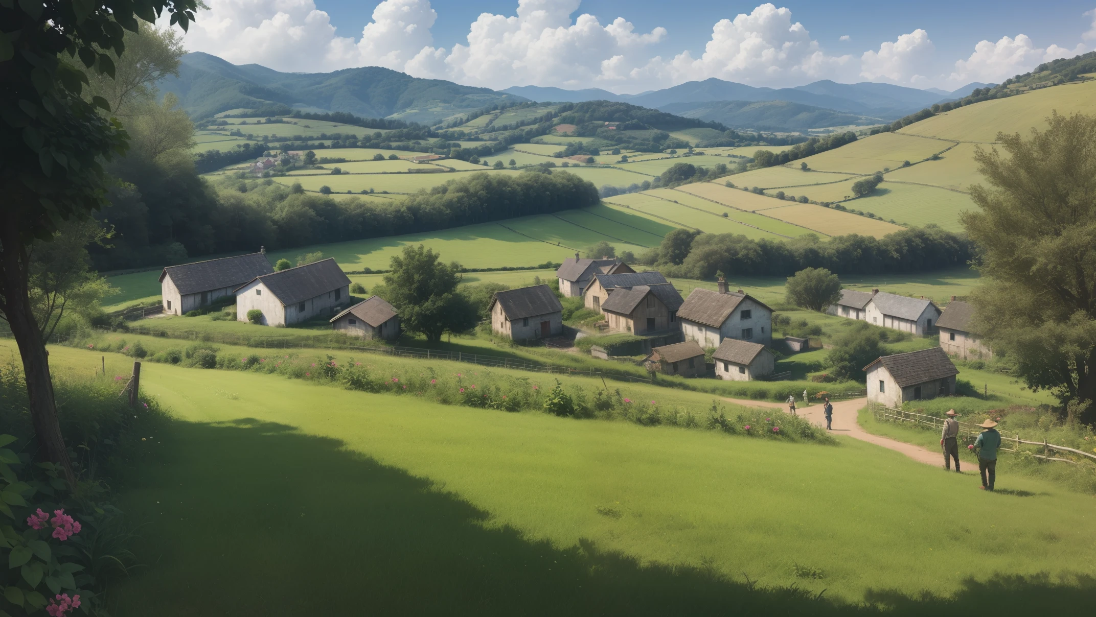 (masterpiece, best quality:1.3)
Midday, Lush Greenery, Terraced Landscape, Local Farming Attire