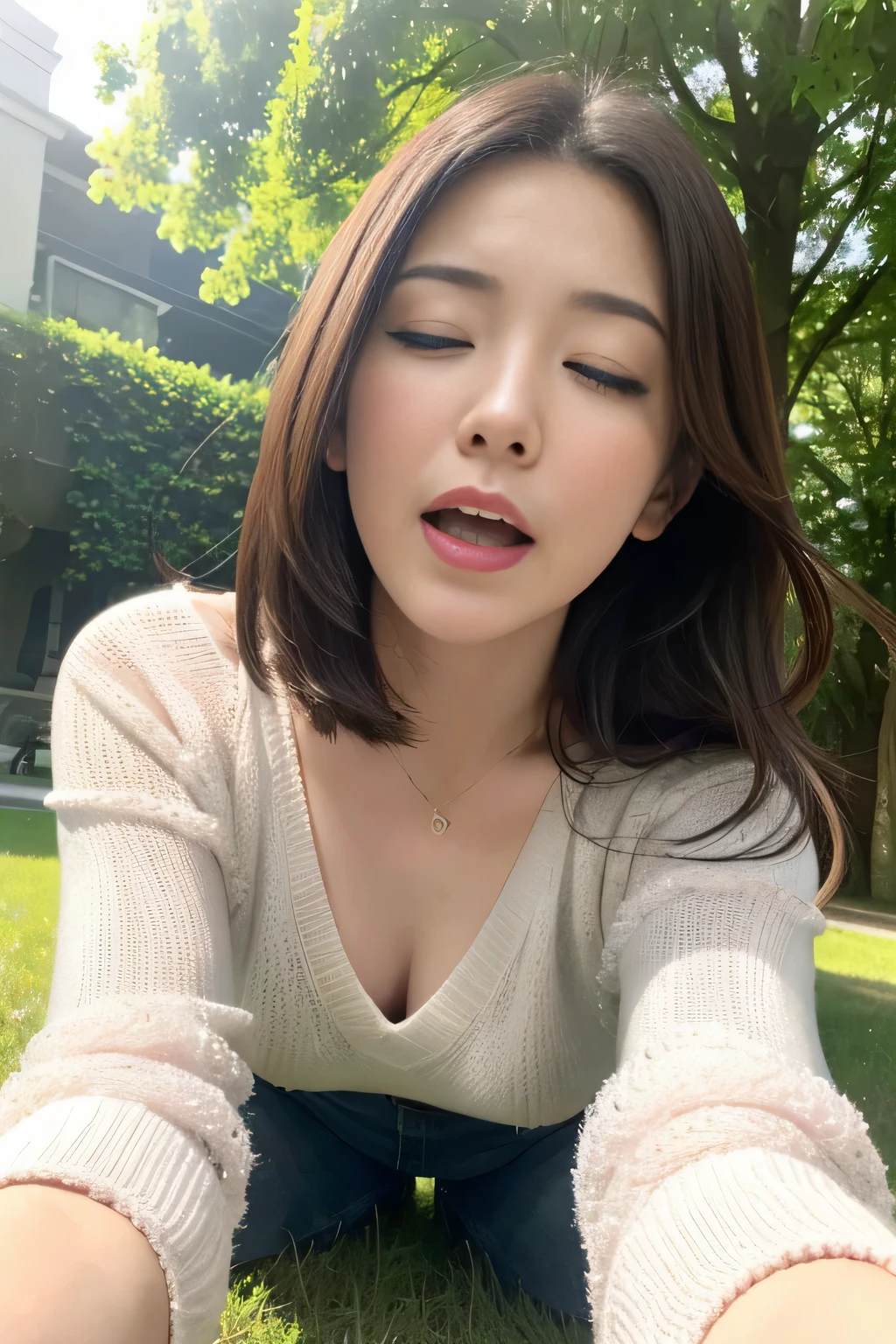 (((best image quality、highest quality、At 32K、ticker、RAW photo、very clear image、very clear image quality、realistic))),Scenery of falling cherry blossoms，Beautiful 20s shoulder length sweater，lace pantyhose, Up and down, random color，long sweater，climax、climax、my pussy feels good、RAW photo with both close your eyes, cute face、body、Esbian、1 camisole、look up、plus size model、Feeling ecstasy、close your eyes、Deep sorrow、sad、Please look up at the sky、open your mouth、scream、 written boundary depth，real light，ray tracing，OC renderer，UE5 renderer，super photographic，highest quality，In 8K，works of masters，correct anatomy、sit、I feel very、Ahegao、feel ecstasy、excited face、((Sleep on the ground、lie on the ground on your back、lie、lie on your back1.4、angle from below))