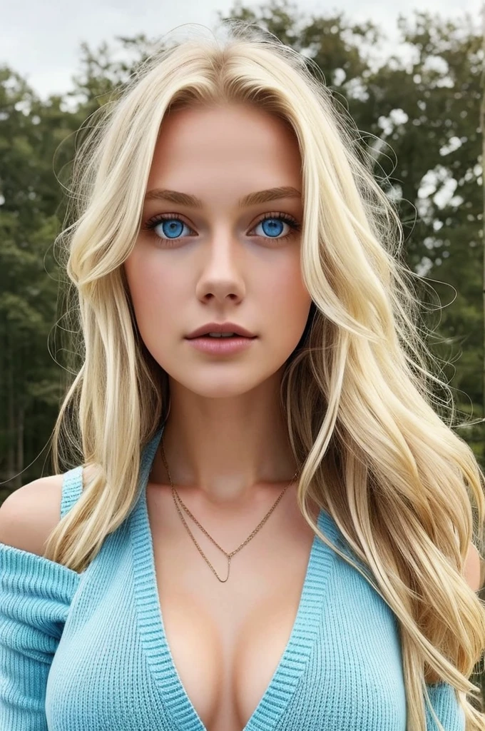 1girl in, age19, Solo, Long hair, Colossal tits, Looking at Viewer, long messy windy blonde hair, Blue eyes, Bare shoulders, jewely, Full body, a necklace, off shoulders, Sweaters, Realistic, A sexy