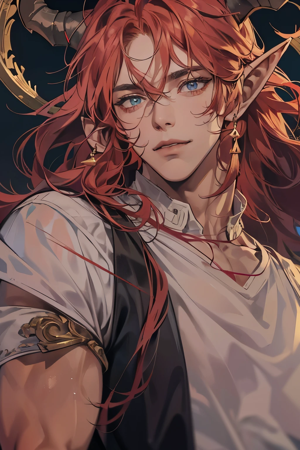(table top, digital art, digital illustration, 4K, 8K, super detailed, beautiful images, clear image, realistic, RAW photo, perfect face, perfect lines, perfect eyes, soft lighting) 1 male human, (Red hair、long hair、amber eyes,messy hair、Bullish look,Smile confidently、Demons、Two black horns grow from its head.、Pointed elf-like ears、32 years old:1.3),ハンサムなmale性, (White t-shirt with dowel dowel、vest、muscular、Thin macho,Firm shoulder width, male:1.2),Sit on a throne with your legs crossed、The king、Demon King、hair fluttering in the wind、Sunburned healthy skin、desert oasis、braided hair