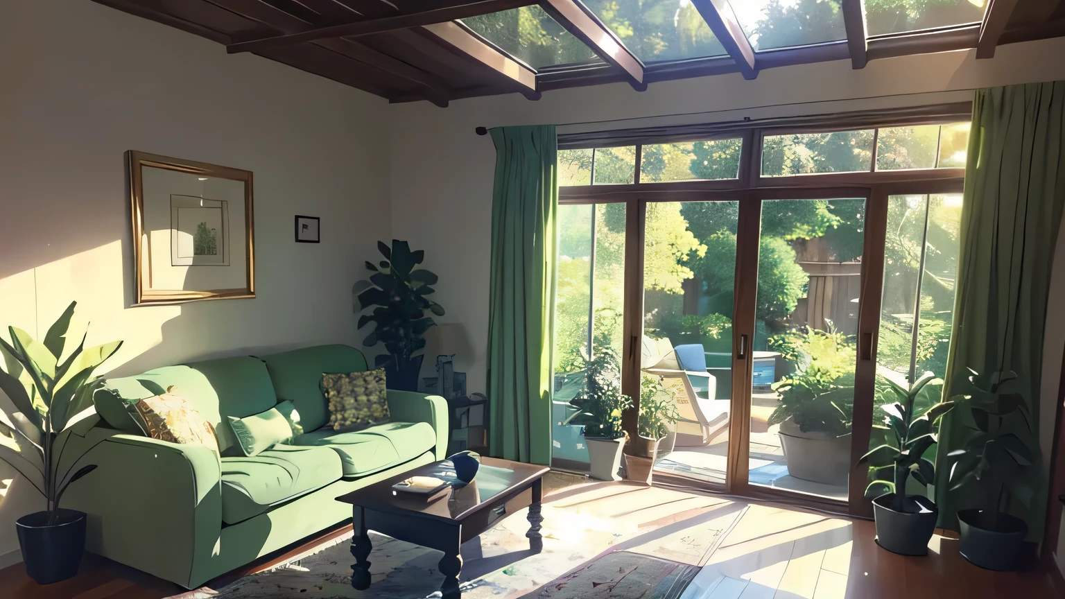 living room: a cozy and inviting space filled with comfort and relaxation; masterpiece: the perfect depiction of a serene living room scene
sofa: a plush, top-quality furniture piece where one can unwind and relax, upholstered in the finest materials
window: a large, graceful window letting in the natural light and providing a glimpse of the beautiful garden outside
curtains: delicate and elegant, the curtains gently frame the window, filtering in dappled sunlight that basks the room in a warm glow
potted plant: a lively green addition to the living room, adding a touch of nature to the space, its leaves glistening in the light
table