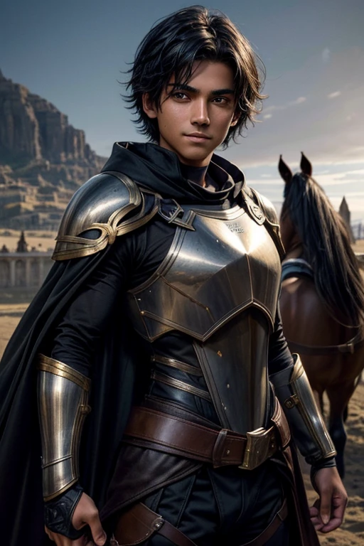 a , boy, 16 yautiful face, lots muscle, jet black very short hair, messy, brown eyes, olive skin, tanned skin, cute smile, wearing armor and a cape, holding a dagger, seducing eyes, powerful expression, horse in background
