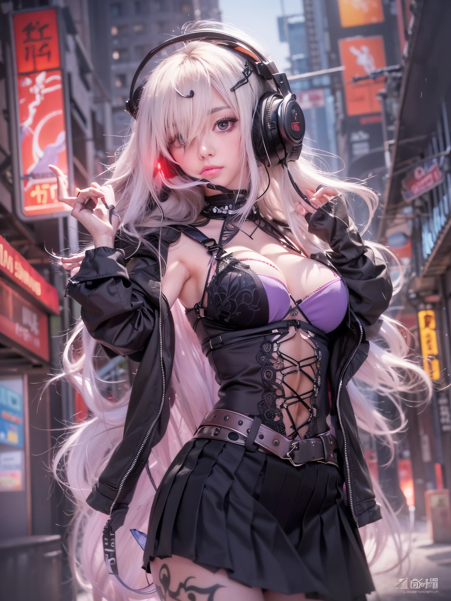 8K、master piece、highest quality、highest level、Highest image quality、muste piece、intricate details、high resolution、depth field、Natural light、professional lighting、(1 person)、solo、Anglo-Saxon girlish girl、(cute:1.2)、very beautiful 18 year old cartoon girl、(high detail skin: 1.2)、Photorealistic anime girl rendering、Realistic anime 3D style、bob cut、、beautiful bright blonde hair、強烈なred eyes、strong eye highlights、very ???????????、perfect ???????、((black jacket、Wearing fancy ????????? and detailed panties、supple and thin fabric、black mini skirt、metal accessories、))、decorative choker、hands behind the back、Beautiful platinum blonde hair、long hair、crossed bangs、asymmetrical bangs、bob cut、stick out ears、eyelashes、red eyes、very mysterious smile、Attractive、(sophisticated headphones)、Body shiny with oil、(detailed bra、black mini skirt)、((Inspired by Shirow Masamune))、girl in cyberpunk armor、Epic battle fantasy Natalie、((rogue anime girl、bad pose))、A big city where you can see the sunset at 6 p.m.、red sunset clouds、it's raining、The body gets wet from the rain、Decadent and futuristic urban area in the evening、(cyberpunk city)、(Futuristic cars、flashing red light)、(Lightning is glowing)、(Flashing blue and purple neon tubes)、