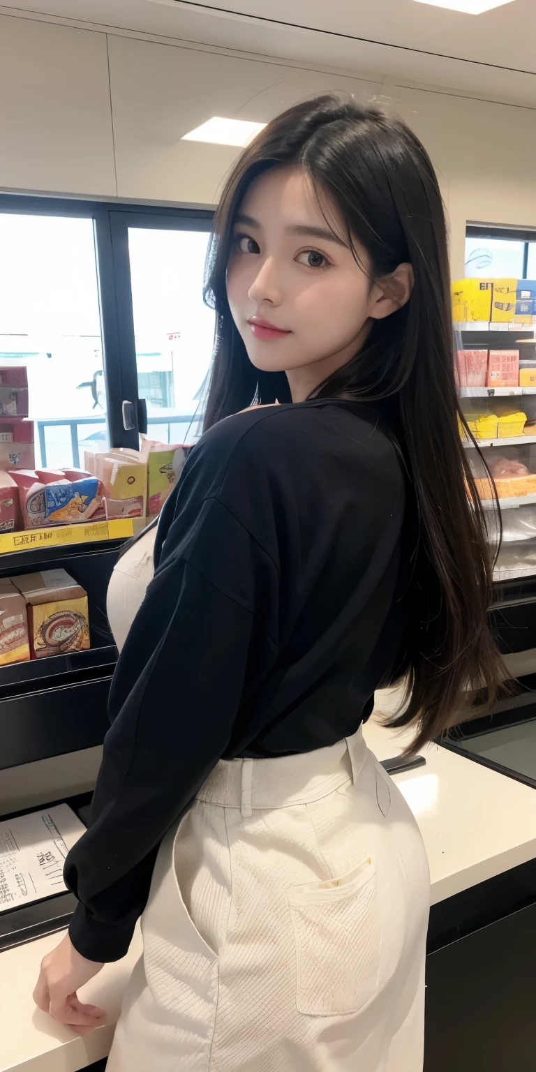 1girl,huge breast, black hair, brown eyes,high quality, ultra detailed, masterpiece, realistic, minimarket cashier clothes japanese