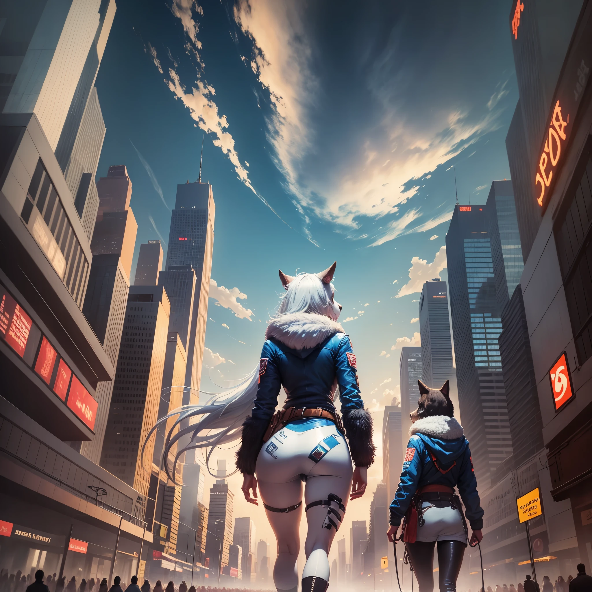 cover page, highres, top quality, best quality, paid reward available, unparalleled masterpiece, perfect artwork, absurdres, High-quality illustrations, super high resolution, detailed background, Crowded cityscape, Crowd, perfect anatomy(6+girls, 6+boys)(kemono)(furry)(Furry body, dog facial features, dog body features)(very detailed body fur)low angle full shot, shot from behind,