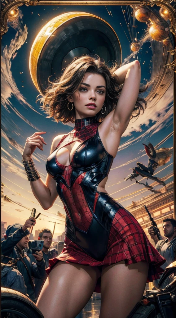 margot robbie、Sticking out the navel、newyork、She wears a torn Spider-Man suit,wearing a skirt、abstract photorealistic、artistic、Alphonse Mucha's painting(masterpiece、highest quality、High resolution:1.4)、detailed、複雑なdetailed、In 4K、color splash、line drawing、fibonacci、