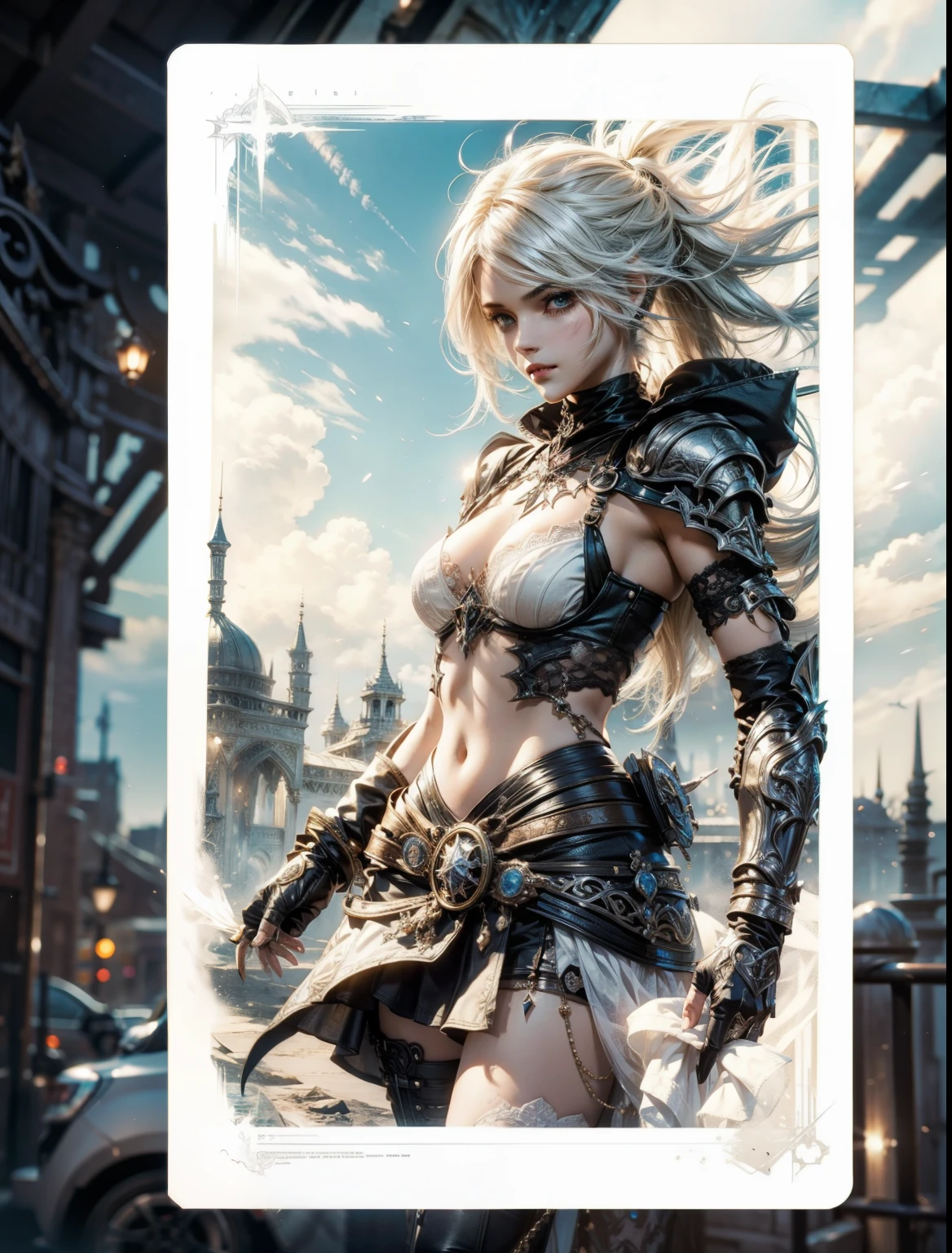 Beauty girl as 2B (White card game Final Fantasy aesthetic style) in ornad elegant tatical fantasy suit, masterpiece, (best quality), (ultra-detailed), gothic_artstyle, Vibrant, sharp focus