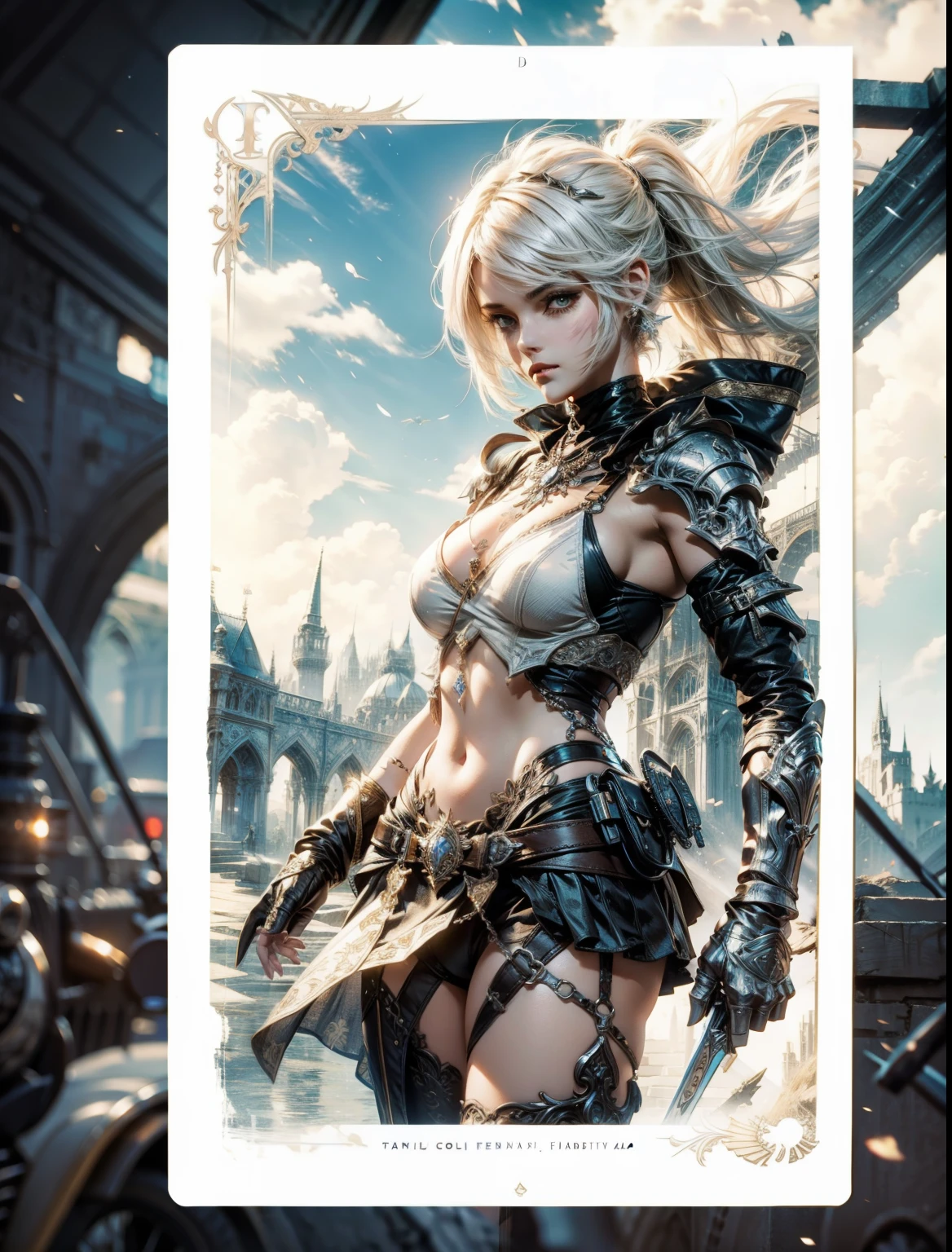 Beauty girl as 2B (White card game Final Fantasy aesthetic style) in ornad elegant tatical fantasy suit, masterpiece, (best quality), (ultra-detailed), gothic_artstyle, Vibrant, sharp focus