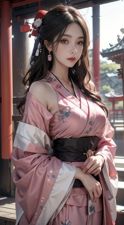 Shrine of Japan、Wearing a pink kimono、Unreal Engine:1.4,nfsw,best qualtiy:1.4, Photorealista:1.4, Skin Texture:1.4, masterpiece:1.8, 1 lady, hips up high, beautiful eyes, The long-haired, Ringed Eyes, The tattoo, Kimono