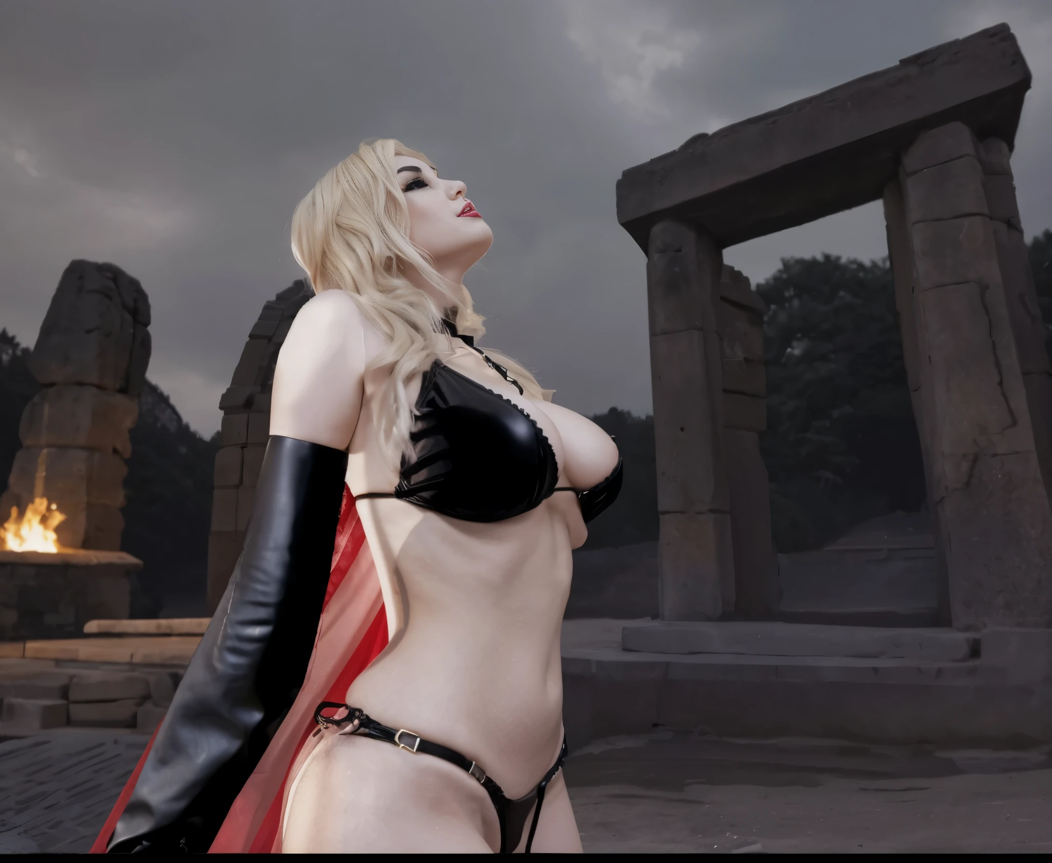 Alafid woman in costume standing in front of stone structure, profile,女魅魔vampire, vampire, Head up,busty witch, 性感迷人的女vampire, black bikini。Black leather cuffs,Heavy makeup,big breasts。intense expression。Metal sexy waist chain