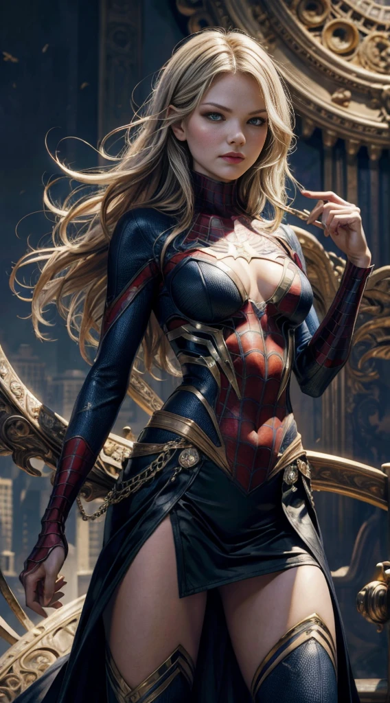 Jennifer Morrison、Sticking out the navel、newyork、She wears a torn Spider-Man suit,wearing a skirt、abstract photorealistic、artistic、Alphonse Mucha's painting(masterpiece、highest quality、High resolution:1.4)、detailed、複雑なdetailed、In 4K、color splash、line drawing、fibonacci、