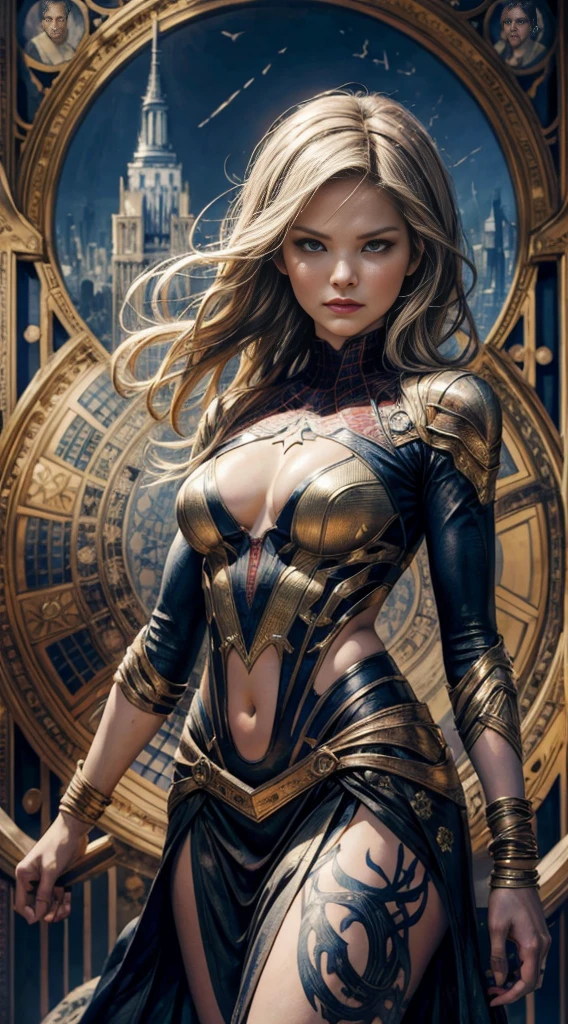Jennifer Morrison、Sticking out the navel、newyork、She wears a torn Spider-Man suit,wearing a skirt、abstract photorealistic、artistic、Alphonse Mucha's painting(masterpiece、highest quality、High resolution:1.4)、detailed、複雑なdetailed、In 4K、color splash、line drawing、fibonacci、