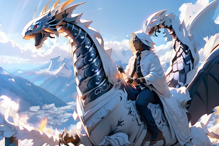(um homem de cabelo preto), Riding a dragon ((white dragon, olhos vermelhos)), paisagem [clear sky, montanha (Switzerland mountains)], de lado para o telespectador (distante), ultra-detalhado, obra-prima, cinematic lighting，fundo detalhado