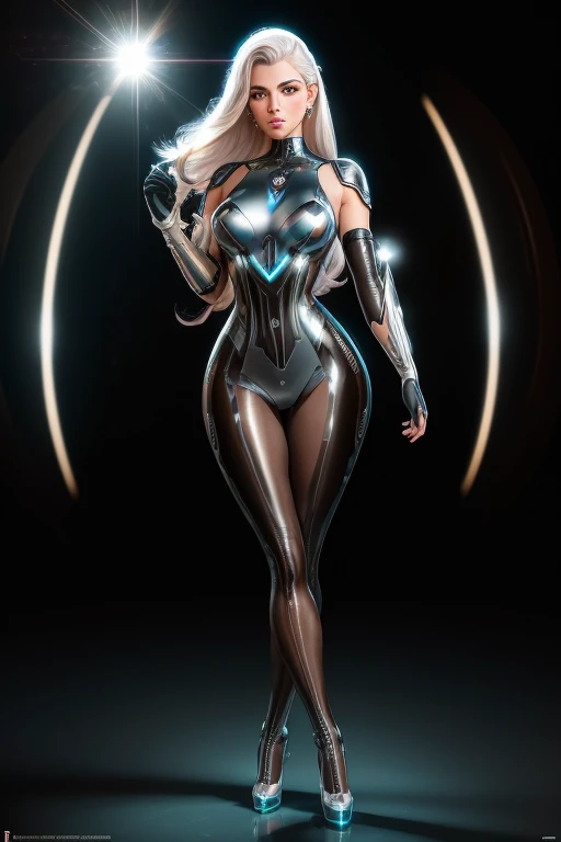 (best quality,8k:1.2,high resolution:1.2),ultra-detalhado,Realistic,retro science female,21 YEARS OLD,long hair,rosto extremamente detalhados,long eyelashes,all sheer light silver leotard de nylon Apertado,all light suntan pantyhose, gloves,Glossy metalic accessories,Physically-based rendering,sharp focus,studio lighting