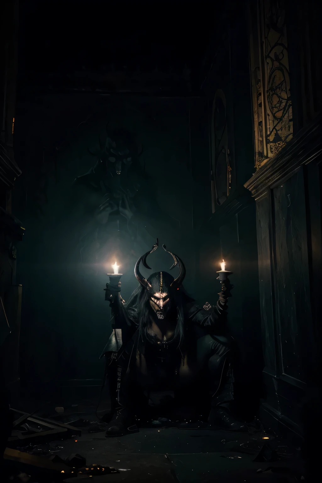 Within the shadowed recesses of a forsaken chapel, a haunting painting from the 1600s exposes a demonic fiend. Obsidian skin clings to its twisted form, crowned by horns that pierce the darkness. Malevolent eyes gleam with an infernal light, and a serrated grin reveals an insatiable hunger for chaos.
From the depths of the canvas, clawed hands emerge, reaching hungrily toward the mortal realm. Sinister runes etched in the background whisper of forbidden pacts and ancient curses, casting an ominous pall over the unholy scene.
This nightmarish portrait, a portal to realms untouched by mercy, encapsulates the essence of a demonic force, a specter of malevolence forever imprisoned within the macabre strokes of its cursed depiction.