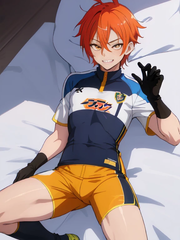 (((official art,product art,Super thin illustration,最High resolution, muste piece,best quality,best quality,非常にdetailedなCGユニティ8kの壁紙))),1 boy,high quality, detailed, ( boy),12 yeaung ace striker male idol with a super cute face,beautiful boy, Cool handsome face with smile,Soccer spikes on the feet, long legs, thighs, Bulge, (orange hair、)、 short story,spiky hair、shiny hair, (yellow tight shiny soccer uniform suit), (tight soccer shorts), cool pose, (太いthighs,big ass)、(((soccer field in the park)))、((Saucy、grinning grin))、、spread legs,ultra fine painting, (best quality, In 4K, 8K, High resolution, muste piece:1.2),(((Being aware of the sexual gaze of middle-aged gay men))).、Service Shots、(((Long leather gloves))),(((Anime-like coloring、Clearly emphasize the white part of the eyes、Super detailed eye expression、Make line drawings clearer))),