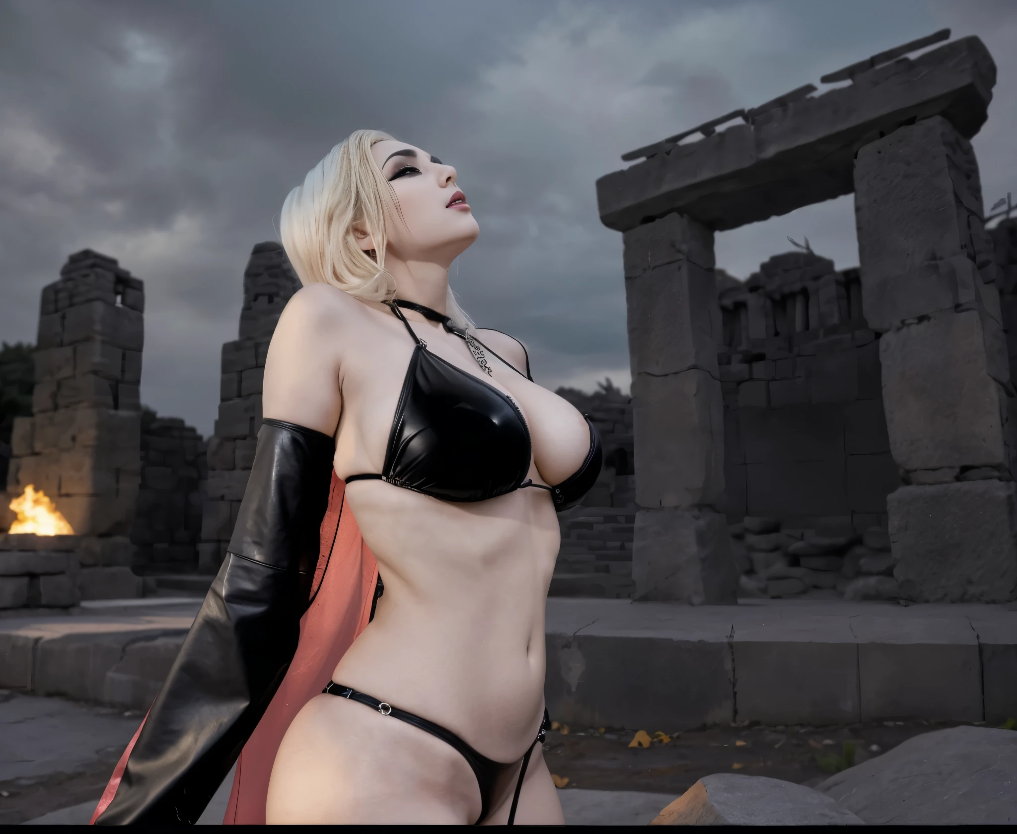 Alafid woman in costume standing in front of stone structure, profile，女魅魔vampire, vampire, Head up，busty witch, 性感迷人的女vampire, black bikini。Black leather cuffs，Heavy makeup，big breasts。intense expression。Metal sexy waist chain