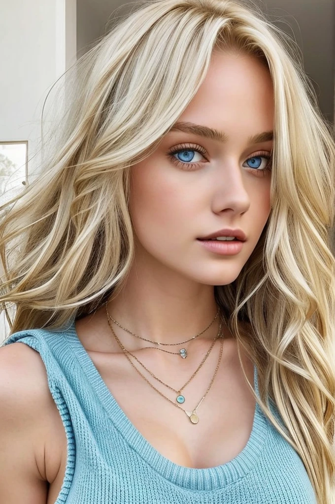1girl in, age19, Solo, Long hair, Colossal tits, Looking at Viewer, long messy windy blonde hair, Blue eyes, Bare shoulders, jewely, Full body, a necklace, off shoulders, Sweaters, Realistic, A sexy