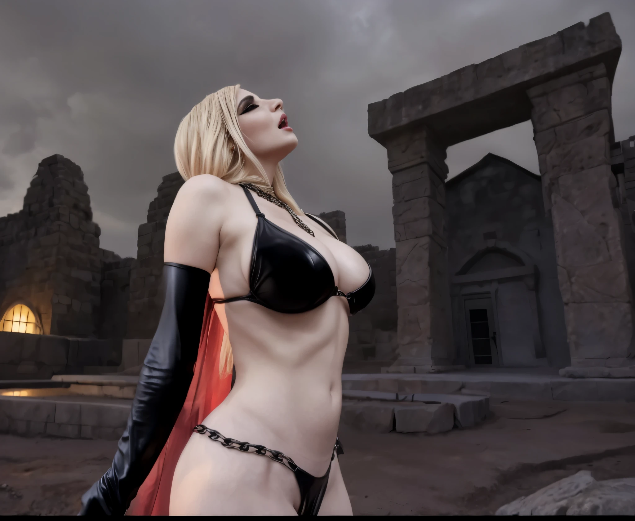 Alafid woman in costume standing in front of stone structure, profile,女魅魔vampire, vampire, Head up,busty witch, 性感迷人的女vampire, black bikini。Black leather cuffs,Heavy makeup,big breasts。intense expression。Metal sexy waist chain