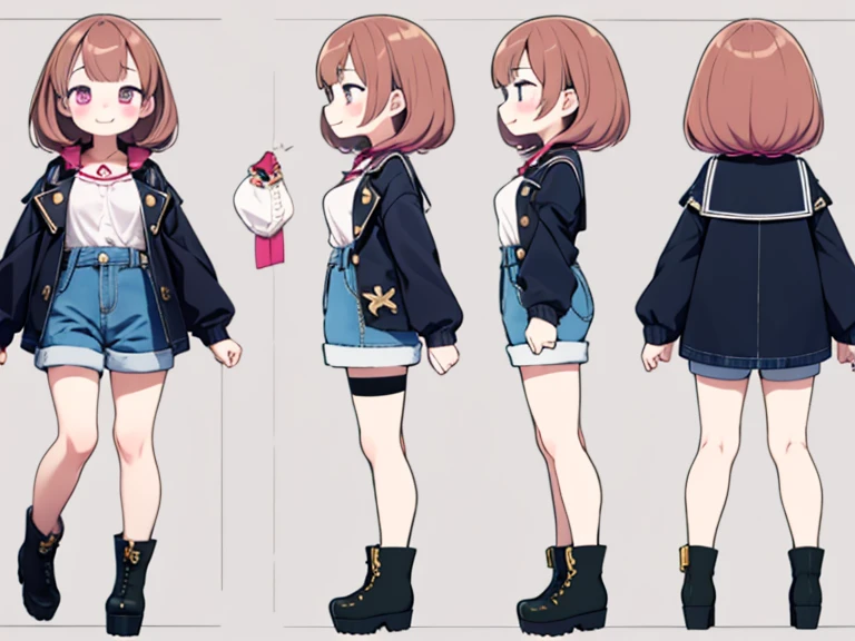 character sheet,masterpiece, highest quality, cute, cute, 1 girl, alone, Mine series,platform boots,pink makeup,T pose,pink weaving,A sloppy smile,close your mouth,denim,Jacket,Mine seriesヘアー