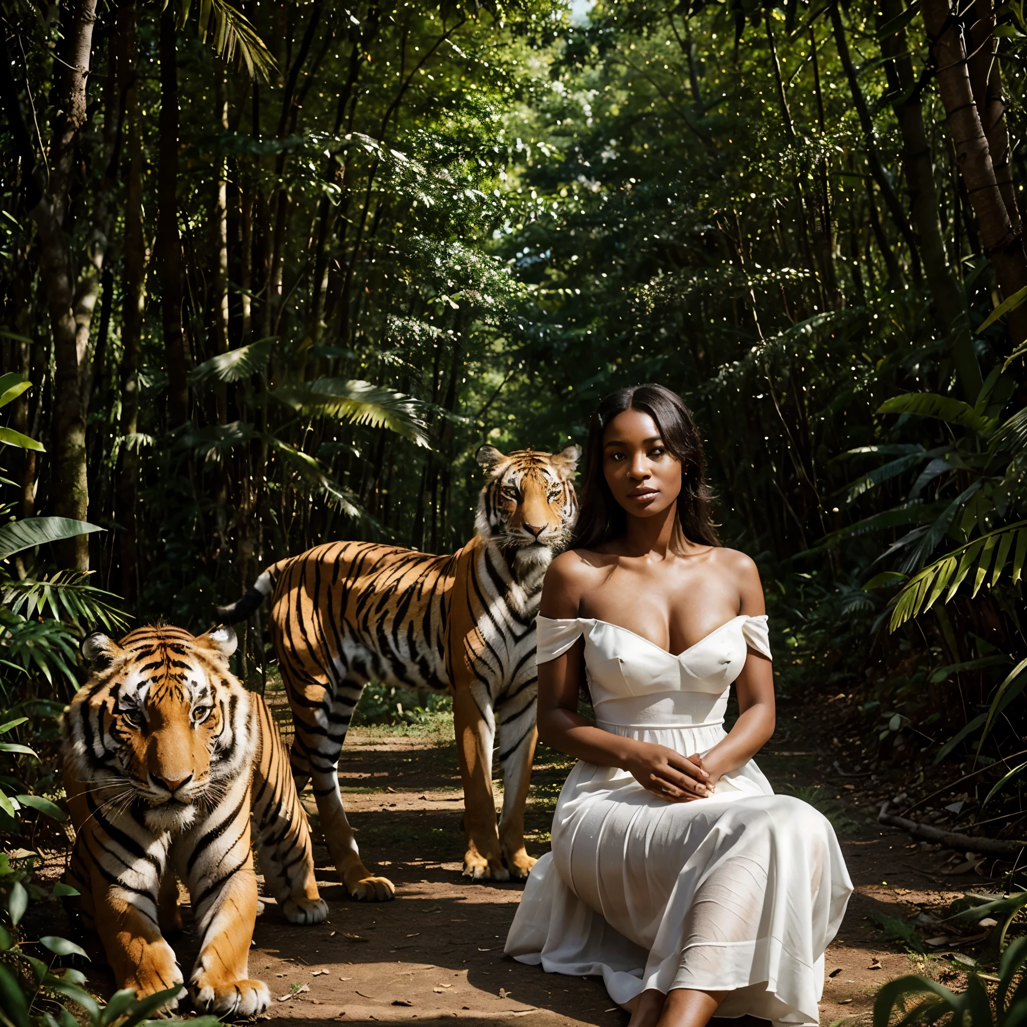 araffe woman in white dress sitting next to a tiger, stunning african princess, gorgeous woman, national geographic photoshoot, stunning woman, national geographic photo shoot, gorgeous and beautiful, gorgeous female, queen of the jungle, looking majestic in forest, gorgeous lady, by Adam Marczyński, best photography of 2 0 2 1, by Emma Andijewska