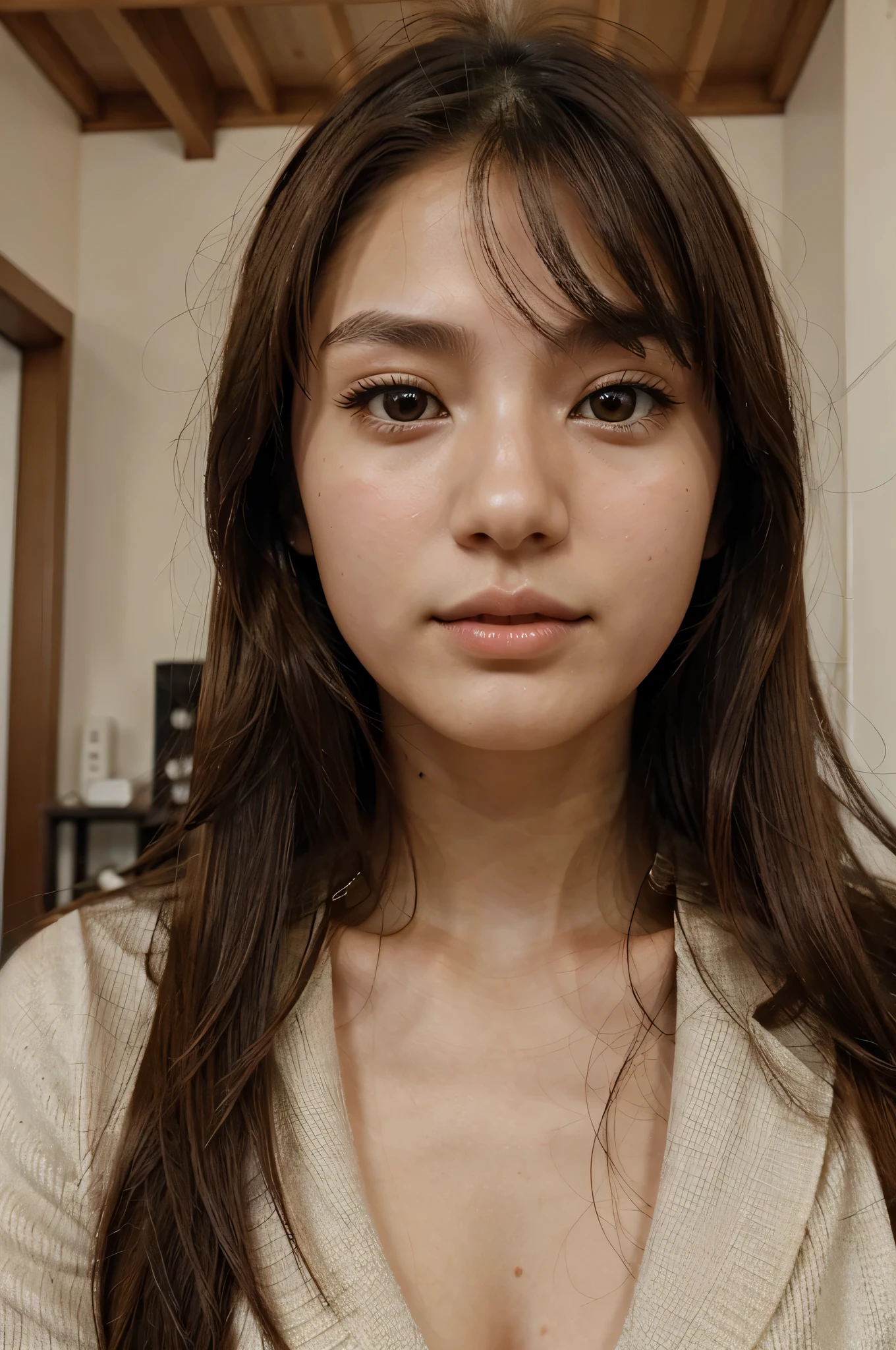 una cara, chica japonesa, 19 years, simetric face, hermosa nariz, labios bonitos, hermoso, realista, brown long hair, Brown eyes