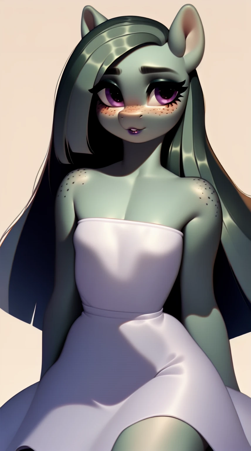 (score_9), (source_ derpibooru_p_95), (earth pony), ((anthro marble pie :1.1)), (shoulderless cute sun dress), very cute, blushing, shy smile, solo, realistic long hair, anatomically correct, small breasts, solo, skinny, high res, pink bottom lip, extremely detailed, teenager, absolutely gorgeous, 