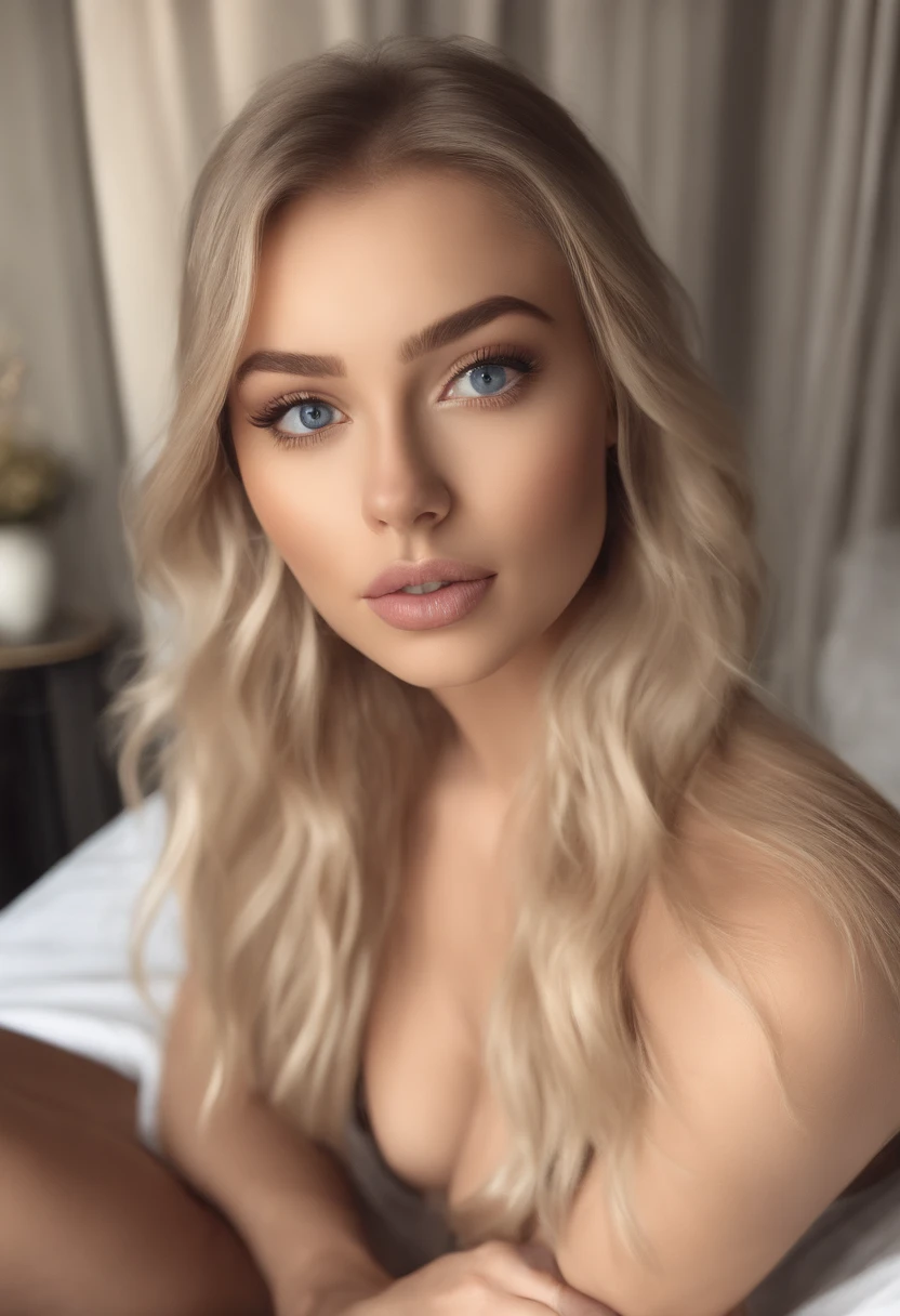 arafed woman fully , sexy girl with blue eyes, ultra realistic, meticulously detailed, portrait sophie mudd, blonde hair and large eyes, selfie of a young woman, bedroom eyes, violet myers, without makeup, natural makeup, looking directly at the camera, face with artgram, subtle makeup, stunning full body shot kneeling on bed, in bedroom, medium to large size bust, wearing no clothes
