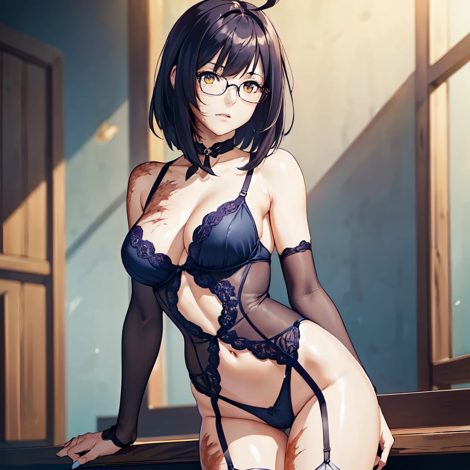 realistic, 8k, thick outlines, (vibrant shadows), deep shadows, detailed eyes, full height, (high quality), high detailed background, (realistic shadows), HD shadows, masterpiece, high detailed face, high detailed finger, older girl, ((megane)), (((very short dark blue hair))), ((ahoge)), (yellow eyes), ((disheveled hair)), ((short hair)), (((skinny body))), (slim waist), ((narrow hips)), skinny legs, (slender legs), (realistic style), curvy, gorgeous woman, fake lips, famous pornstar, (((micro lingerie, see through lingerie, see through clothing, invisible lingerie, perfect breasts, tight breasts pressed against each other, almost naked, all lingerie, camel toe, breasts swinging freely))), tight lingerie bra (((super thick, small waist, short red hair with bangs and highlights))), long dark purple hair, purple eyes, seductive light smile, (burn scar on the right side of the face:1.5), (burn scar on the right side of the body:1.5), (clear left side of the body:1.2), hair over right eye, ((megane)), ((disheveled hair)), 