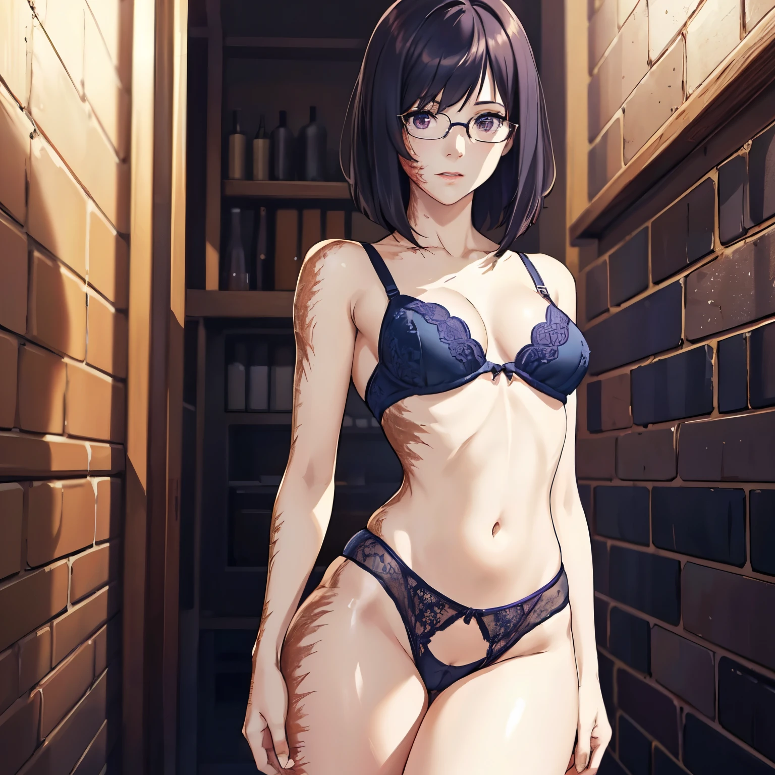 realistic, 8k, thick outlines, (vibrant shadows), deep shadows, detailed eyes, full height, (high quality), high detailed background, (realistic shadows), HD shadows, masterpiece, high detailed face, high detailed finger, older girl, ((megane)), (((very short dark blue hair))), ((ahoge)), (yellow eyes), ((disheveled hair)), ((short hair)), (((skinny body))), (slim waist), ((narrow hips)), skinny legs, (slender legs), (realistic style), curvy, gorgeous woman, fake lips, famous pornstar, (((micro lingerie, see through lingerie, see through clothing, invisible lingerie, perfect breasts, tight breasts pressed against each other, almost naked, all lingerie, camel toe, breasts swinging freely))), tight lingerie bra (((super thick, small waist, short red hair with bangs and highlights))), long dark purple hair, purple eyes, seductive light smile, (burn scar on the right side of the face:1.5), (burn scar on the right side of the body:1.5), (clear left side of the body:1.2), hair over right eye, ((megane)), ((disheveled hair)), 