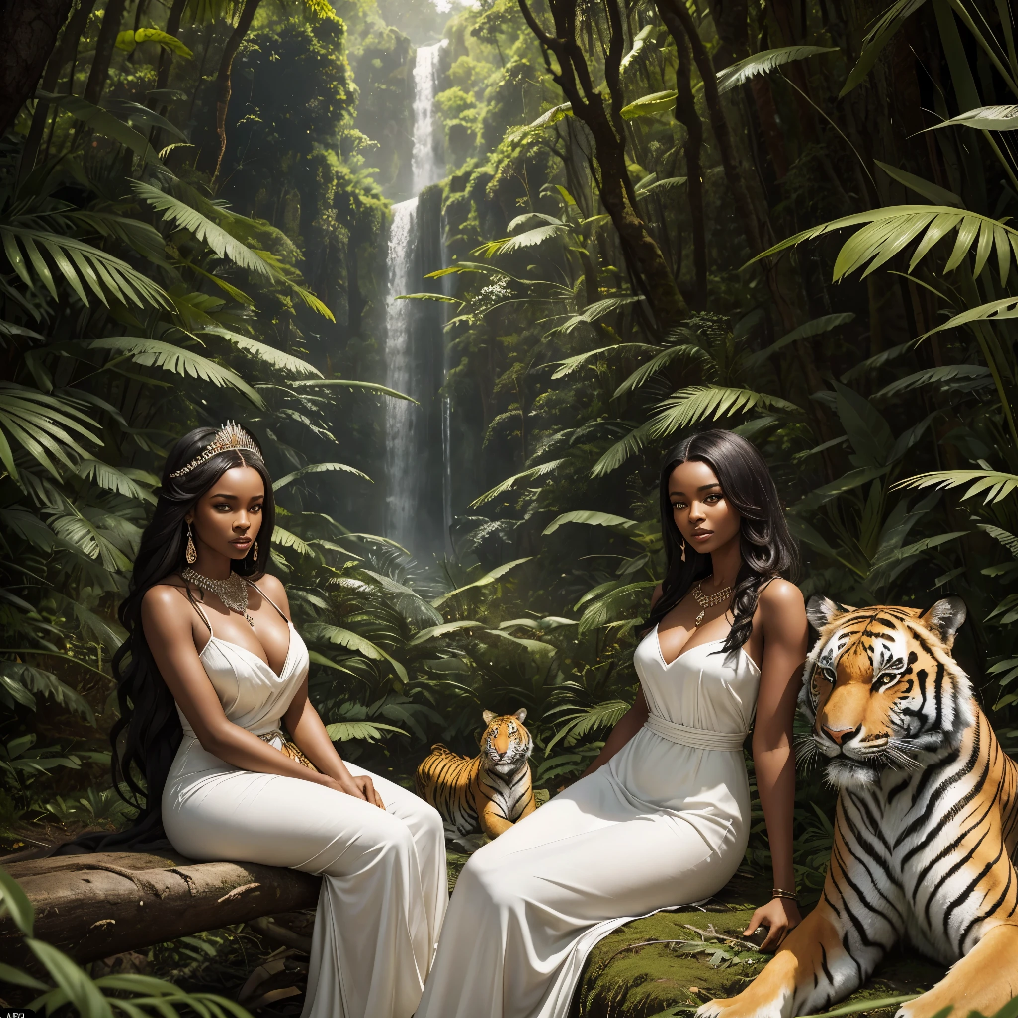araffe woman in white dress sitting next to a tiger, stunning african princess, gorgeous woman, national geographic photoshoot, stunning woman, national geographic photo shoot, gorgeous and beautiful, gorgeous female, queen of the jungle, looking majestic in forest, gorgeous lady, by Adam Marczyński, best photography of 2 0 2 1, by Emma Andijewska