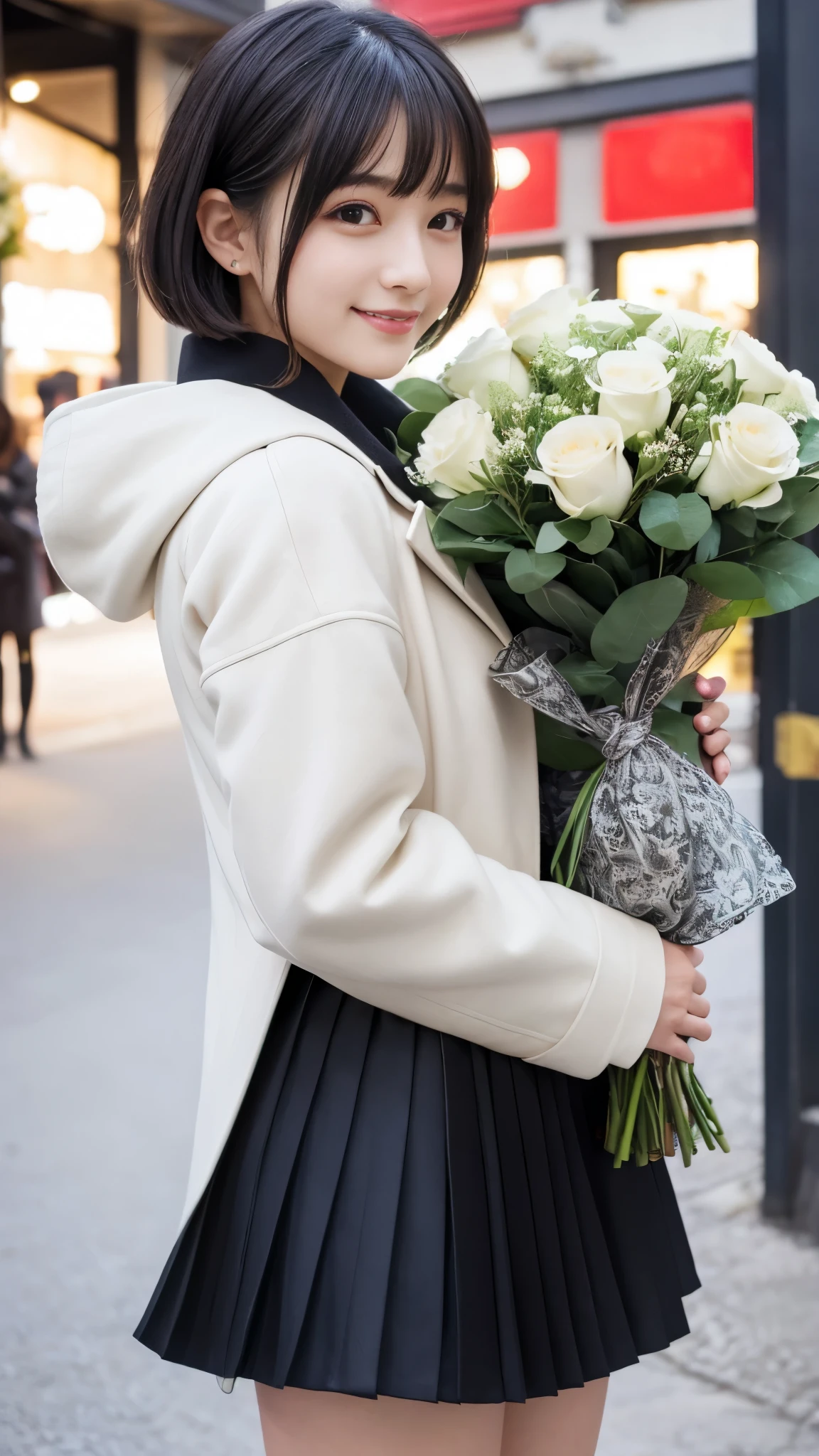 Best-quality, Masterpiece, Ultra-High-Resolution, (Photorealistic:1.4), Raw-Photo, 1girl, the most famous Japanese idol, at flower-shop, carrying a large bouquet of roses, wearing white coat with cute-design and red pleated mini skirt, extremely cute face like a most popular Japanese idol, ((extremely beautiful big-black-eyes)), extremely beautiful black-short-cut-haired, extremely beautiful skins, extremely beautiful thighs, detailed flower-shop, detailed lots-of-flowers, detailed large-bouquet of roses, detailed white-coat with cute-design, detailed red-pleated-mini-skirt, looking at viewer, innocent smile