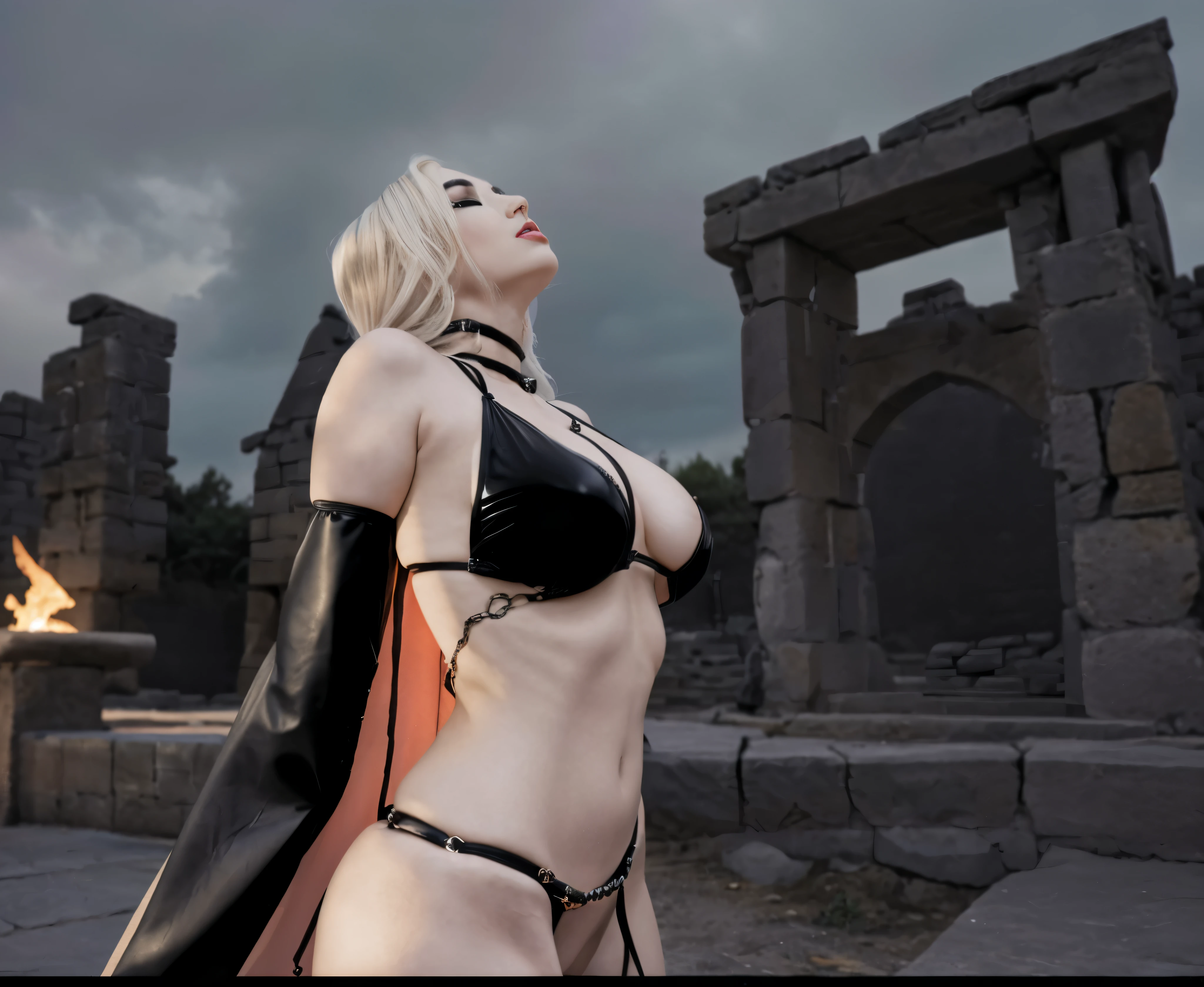 Alafid woman in costume standing in front of stone structure, contour,look up,女魅魔vampire, vampire, Looked up,busty witch, 性感迷人的女vampire, black bikini。Black leather cuffs,Heavy makeup,big breasts。intense expression。Metal sexy waist chain