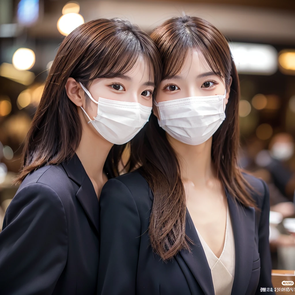 (highest quality、8k、16k、masterpiece、Realistic、Super detailed、Beautiful in every detail、ray tracing)、photograph、
at the cafe、
beautiful asian woman、japanese women、25 year old female model、whole body、((suit、Facing straight behind you))、(((I&#39;m wearing a mask on my mouth)))、(Beautiful eyelids)
(detailed face、Golden ratio of beauty)、gentle smile、detailed lips、detailed eyes、brown hair、bob hair、Idol style super cute face、slim and beautiful body、Glossy skin、