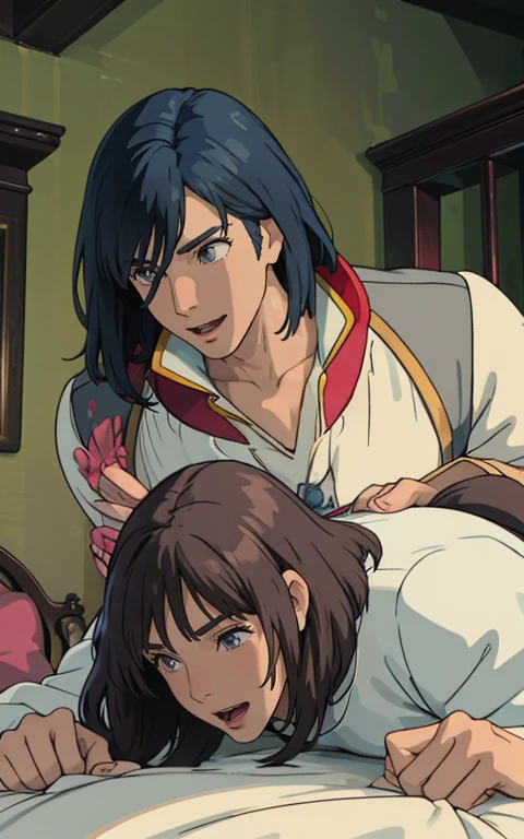 (best quality,4k,highres),2men lovers,sexy,beautifully depicted eyes,bed scene,dominant and submissive,detailed facial features,Hauru's Moving Castle,bad boy
