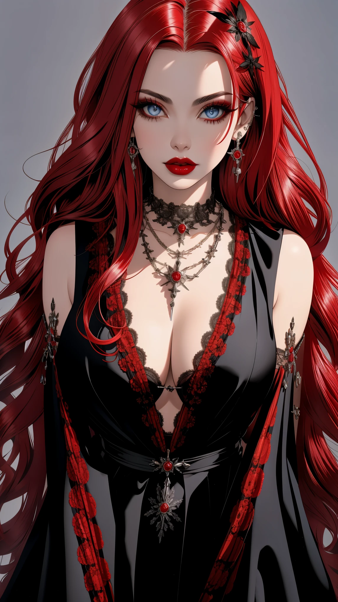 (1milf gothpunk girl), red hair, solo, necklace, long hair, (blue eyes), petals, red lips, hair ornament, flower, black flower, pearl necklace, portrait, lipstick, makeup, grey eyes, , dark shiny skin,(cleavage), ((large breasts)),caberuel,(mature female:1.16), sexual, seduce,