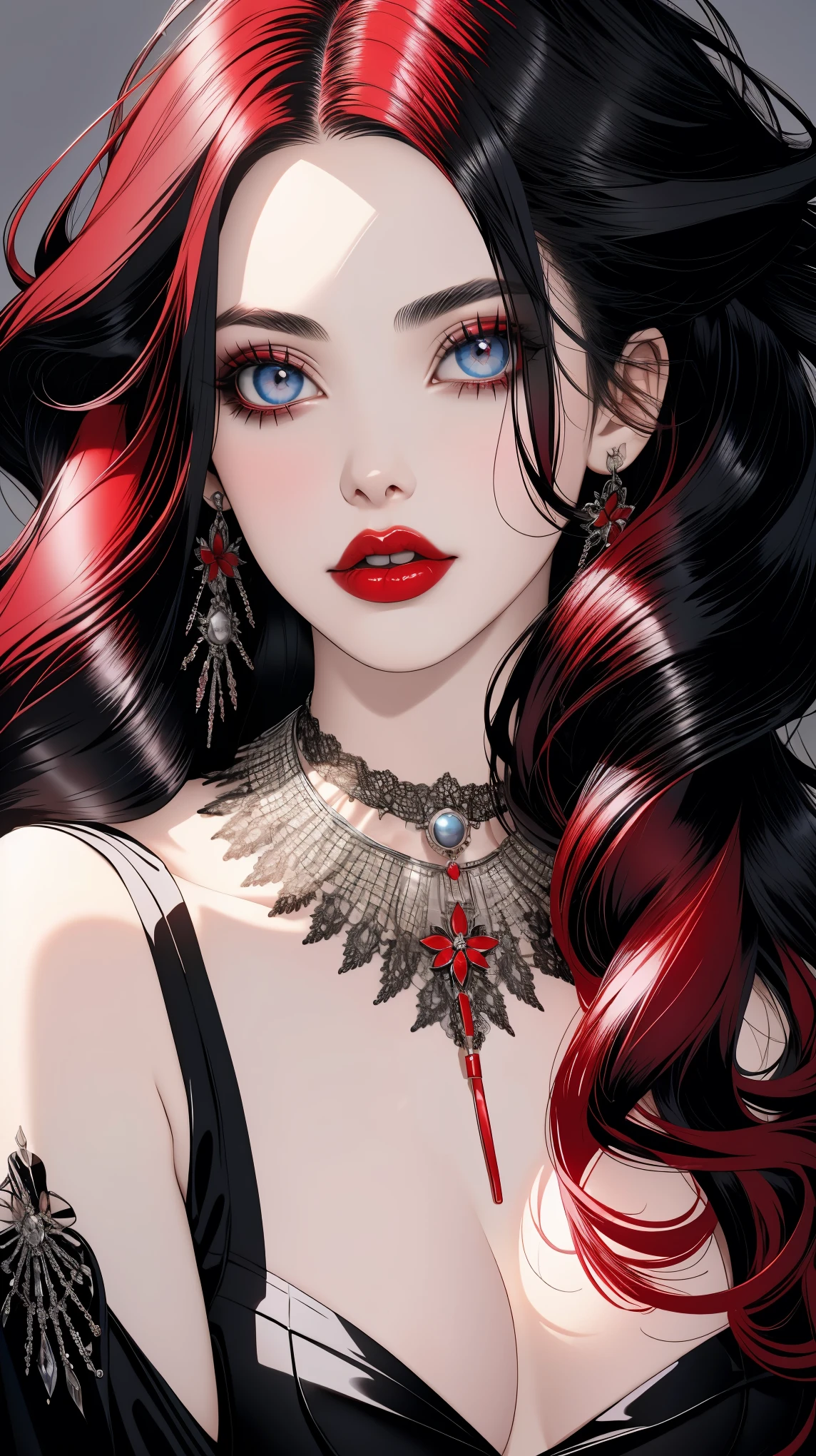 (1milf gothpunk girl), red hair, solo, necklace, long hair, (blue eyes), petals, red lips, hair ornament, flower, black flower, pearl necklace, portrait, lipstick, makeup, grey eyes, , dark shiny skin,(cleavage), ((large breasts)),caberuel,(mature female:1.), sexual, seduce,