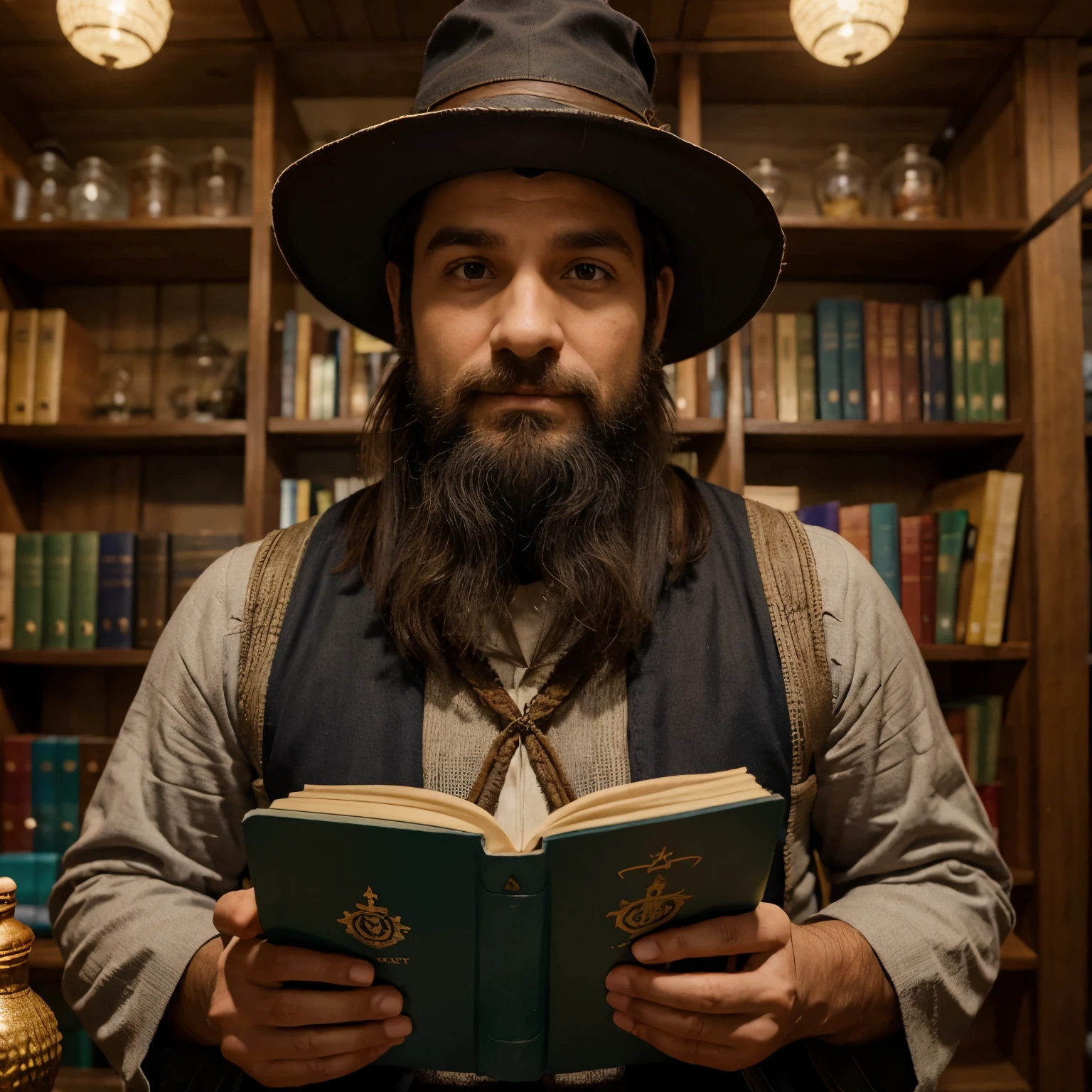 a 37 year old wizard based on the photo you sent, estilo Disney Pixar. He has almost no hair, tem um cavanhaque bem pequeno, ambos de cor loiro escuro, olhos castanhos, No hat. He is in an environment full of essential oils and herbs, junto com livros. He holds a potion with herbs and a book. He has a friendly expression, showing that he is a good wizard.