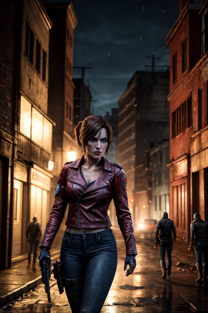 Realistic photo of a very beautiful and captivating Claire Redfield from Resident Evil 2. Beautiful face. Medium length straight black hair. Ponytailed hair. Beautiful body. Big breasted. Wearing an opened red leather jacket. Blue jeans pants.  Holding an automatic handgun. Walking on the dark street. At night. Zombie apocalypse. Ruined city. 
Cinematic lightings. Volumetric lightings:1.4,masterpiece:1.3, realistic photo:1.3, 16K. RTX on. Cinematic scene. Horror ambience.