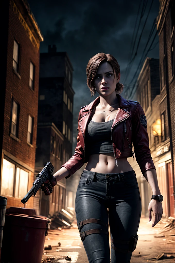 Realistic photo of a very beautiful and captivating Claire Redfield from Resident Evil 2. Beautiful face. Medium length straight black hair. Ponytailed hair. Beautiful body. Big breasted. Wearing an opened red leather jacket. Blue jeans pants.  Holding an automatic handgun. Walking on the dark street. At night. Zombie apocalypse. Ruined city. 
Cinematic lightings. Volumetric lightings:1.4,masterpiece:1.3, realistic photo:1.3, 16K. RTX on. Cinematic scene. Horror ambience.