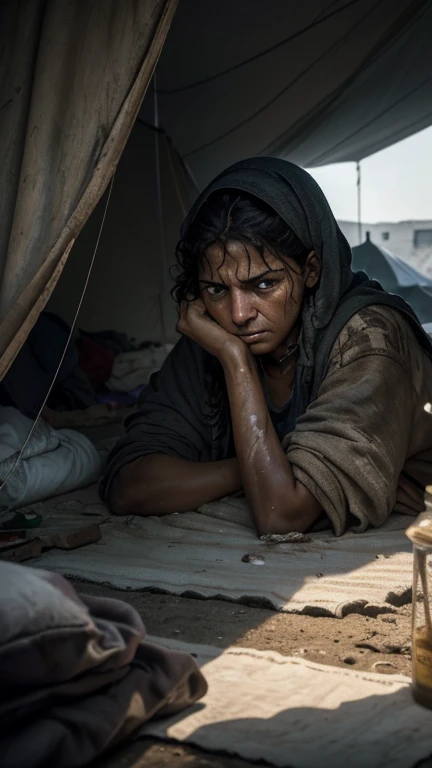 (Quality tags: masterpiece, high resolution, photo-realistic:1.3), a poignant image illustrating the bitter reality within Gaza's refugee tents, (weary faces of displaced individuals reflecting the harshness of their situation:1.2), a visual narrative of the challenging conditions in the makeshift shelters, (subdued atmosphere portraying the weight of displacement:1.2), a scene charged with the stark reality of life in the refugee tents, (turbulent atmosphere reflecting the hardship faced by the inhabitants:1.1), a somber ambiance within the confines of the temporary dwellings, (subtle details highlighting the worn-out conditions and expressions:1.1), portraying the harsh and heartbreaking realities of life in the tents, (dynamic composition focusing on the weary faces and the tent environment:1.2), a powerful portrayal of the profound impact of displacement, (vivid representation of the emotional turmoil:1.2), creating a visually striking and emotionally charged illustration.