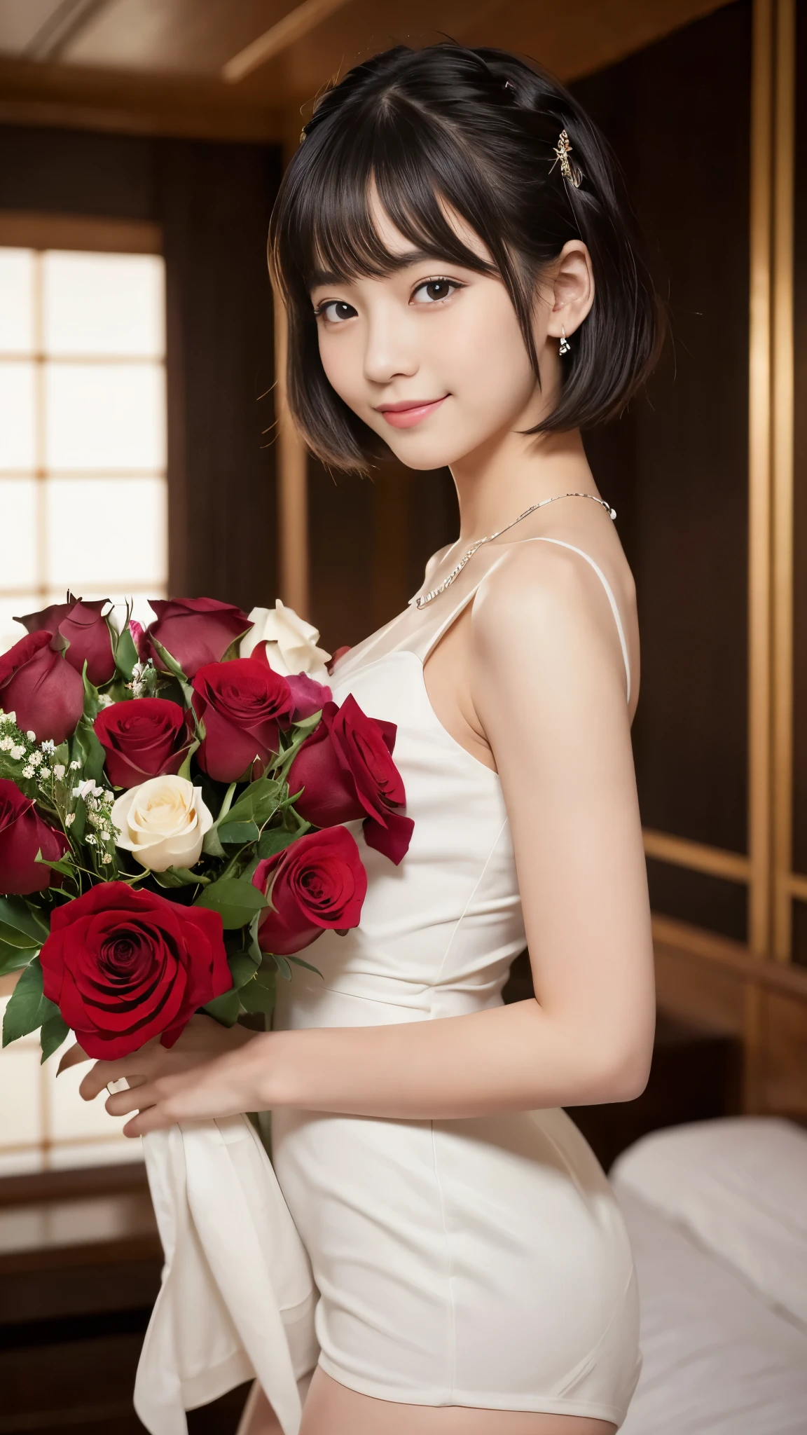Best-quality, Masterpiece, Ultra-High-Resolution, (Photorealistic:1.4), Raw-Photo, 1girl, -yeld, thost famous Japanese idol, cowboy-shot, at luxury-hotel-suite, carrying a large bouquet of roses, extremely cute face like a most popular Japanese idol, ((extremely beautiful big-black-eyes)), extremely beautiful black-short-cut-haired, extremely beautiful skins, extremely beautiful thighs, detailed flower-shop, detailed lots-of-flowers, detailed large-bouquet of roses, looking at viewer, innocent smile